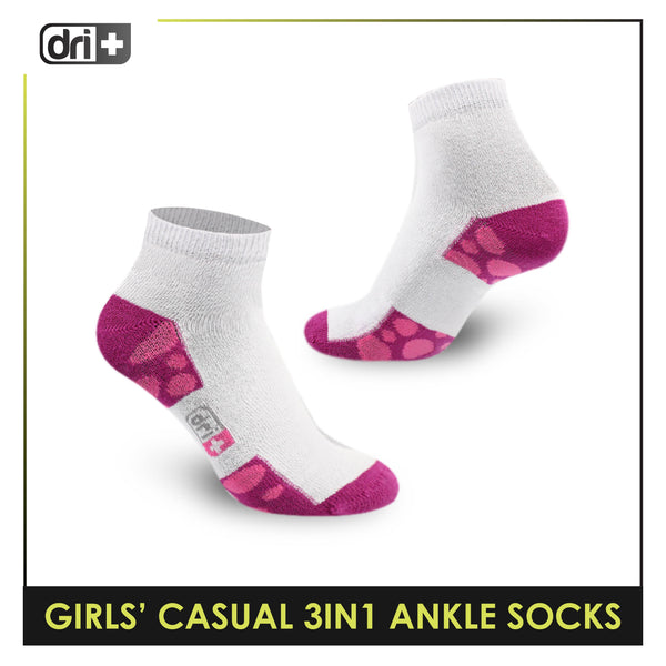 Dri Plus Girls' Children Cotton Ankle Lite Thin Casual Socks 3 pairs in 1 pack DGCG11