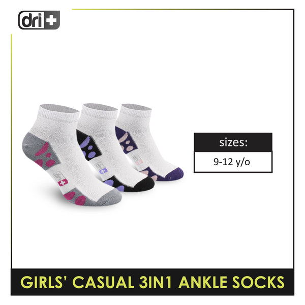 Dri Plus Girls' Children Cotton Ankle Lite Thin Casual Socks 3 pairs in 1 pack DGCG11