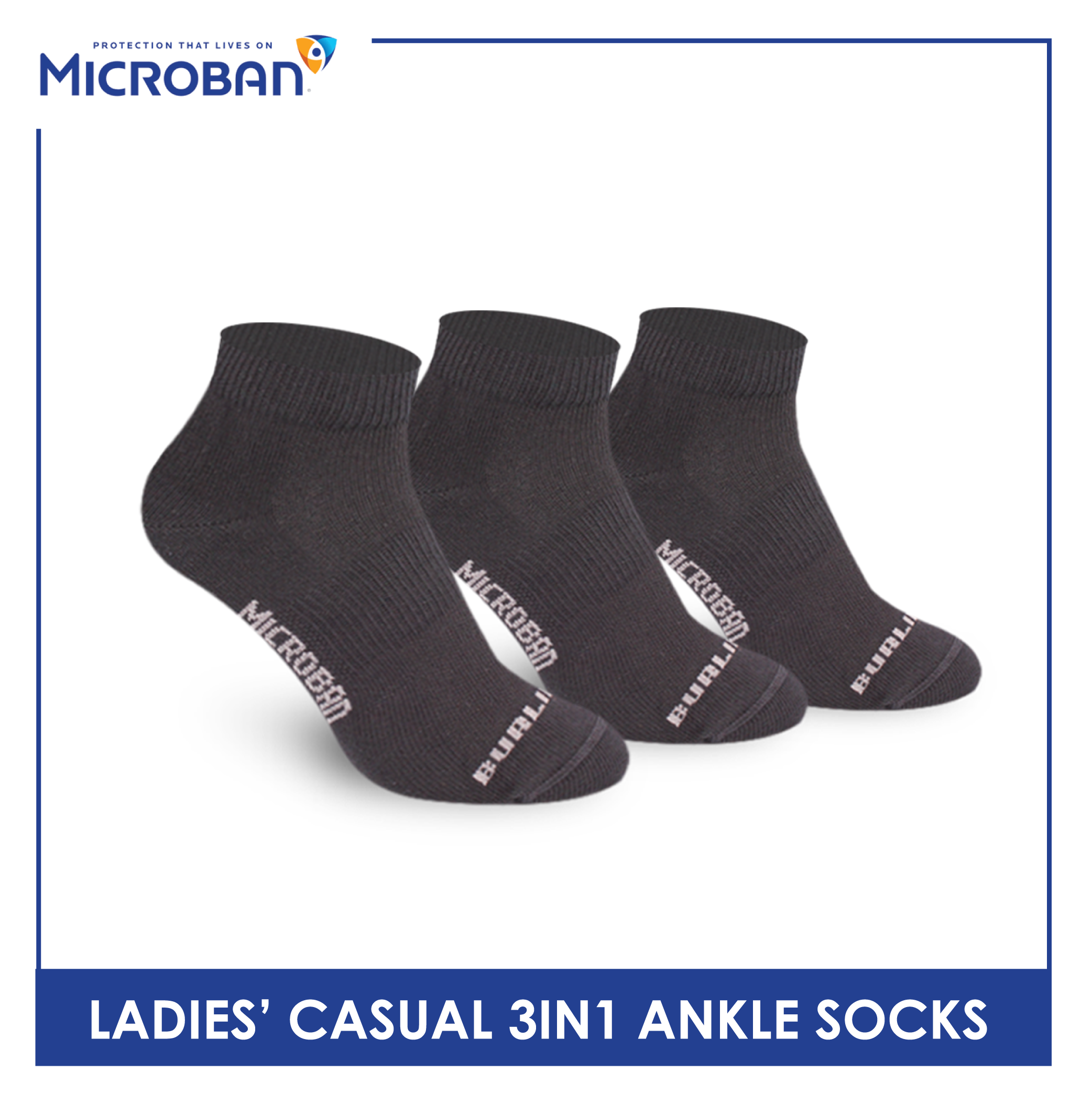 Microban Ladies’ Cotton Lite Thin Casual Ankle Socks 3 pairs in a pack VLCKG17