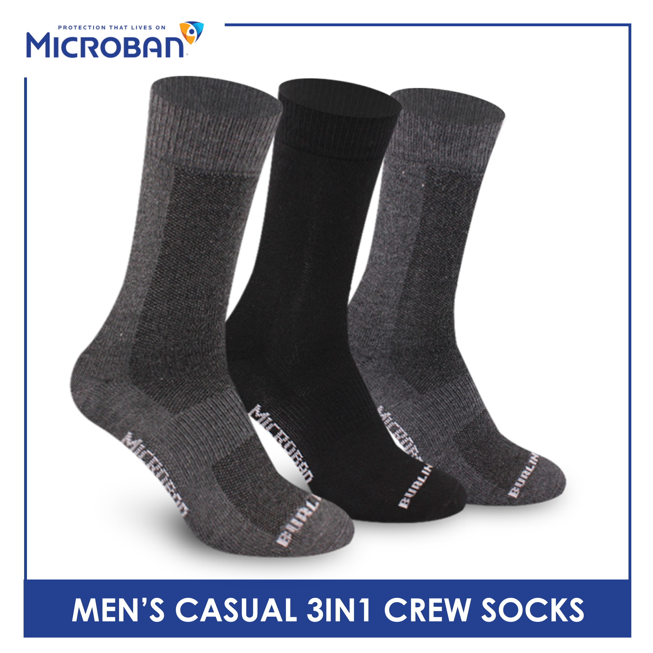 Microban Men’s Cotton Lite Thin Casual Crew Socks 3 pairs in a pack VMCKG12