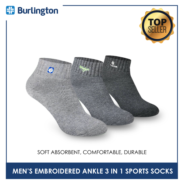 Burlington E1001 Men's Thick Cotton Embroidered Ankle Sports Socks 3 pairs in a pack (4368103243881)
