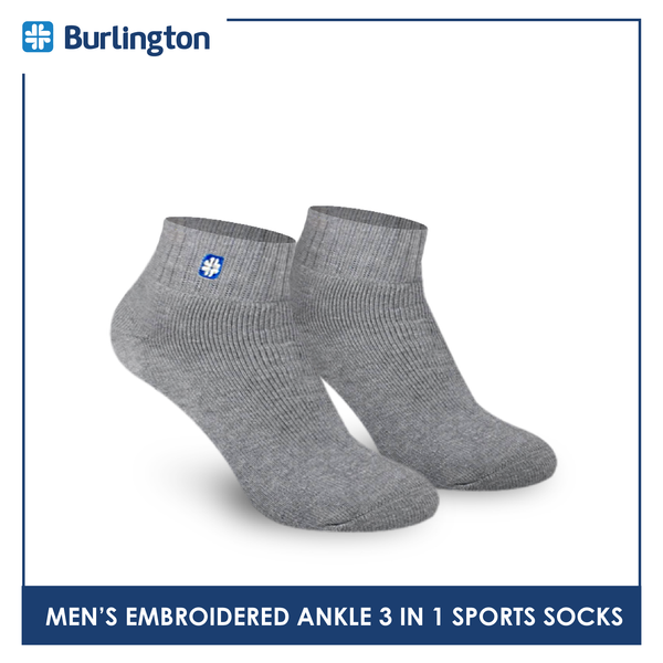 Burlington E1001 Men's Thick Cotton Embroidered Ankle Sports Socks 3 pairs in a pack (4368103243881)