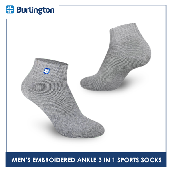 Burlington E1001 Men's Thick Cotton Embroidered Ankle Sports Socks 3 pairs in a pack (4368103243881)