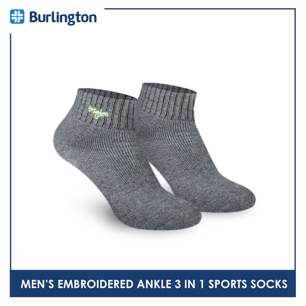 Burlington E1001 Men's Thick Cotton Embroidered Ankle Sports Socks 3 pairs in a pack (4368103243881)