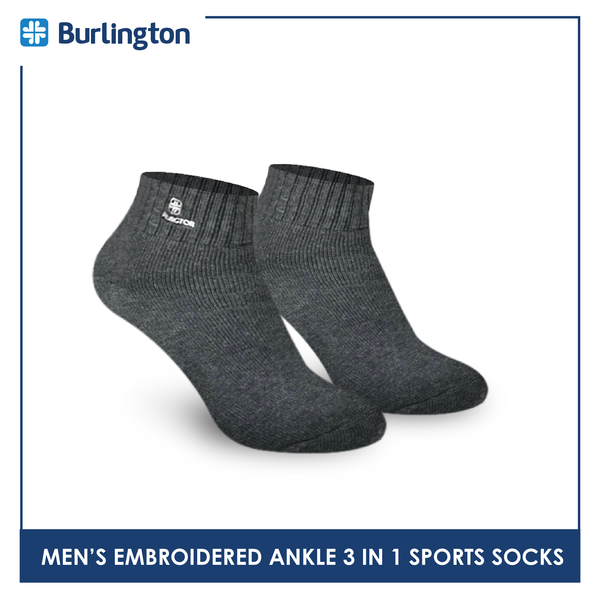 Burlington E1001 Men's Thick Cotton Embroidered Ankle Sports Socks 3 pairs in a pack (4368103243881)