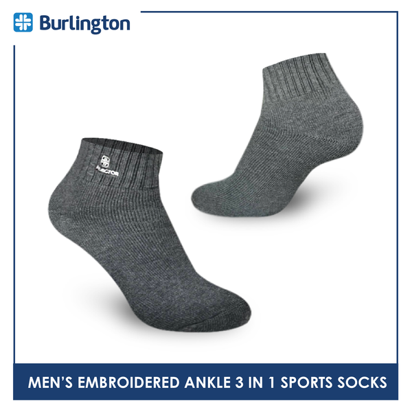 Burlington E1001 Men's Thick Cotton Embroidered Ankle Sports Socks 3 pairs in a pack (4368103243881)