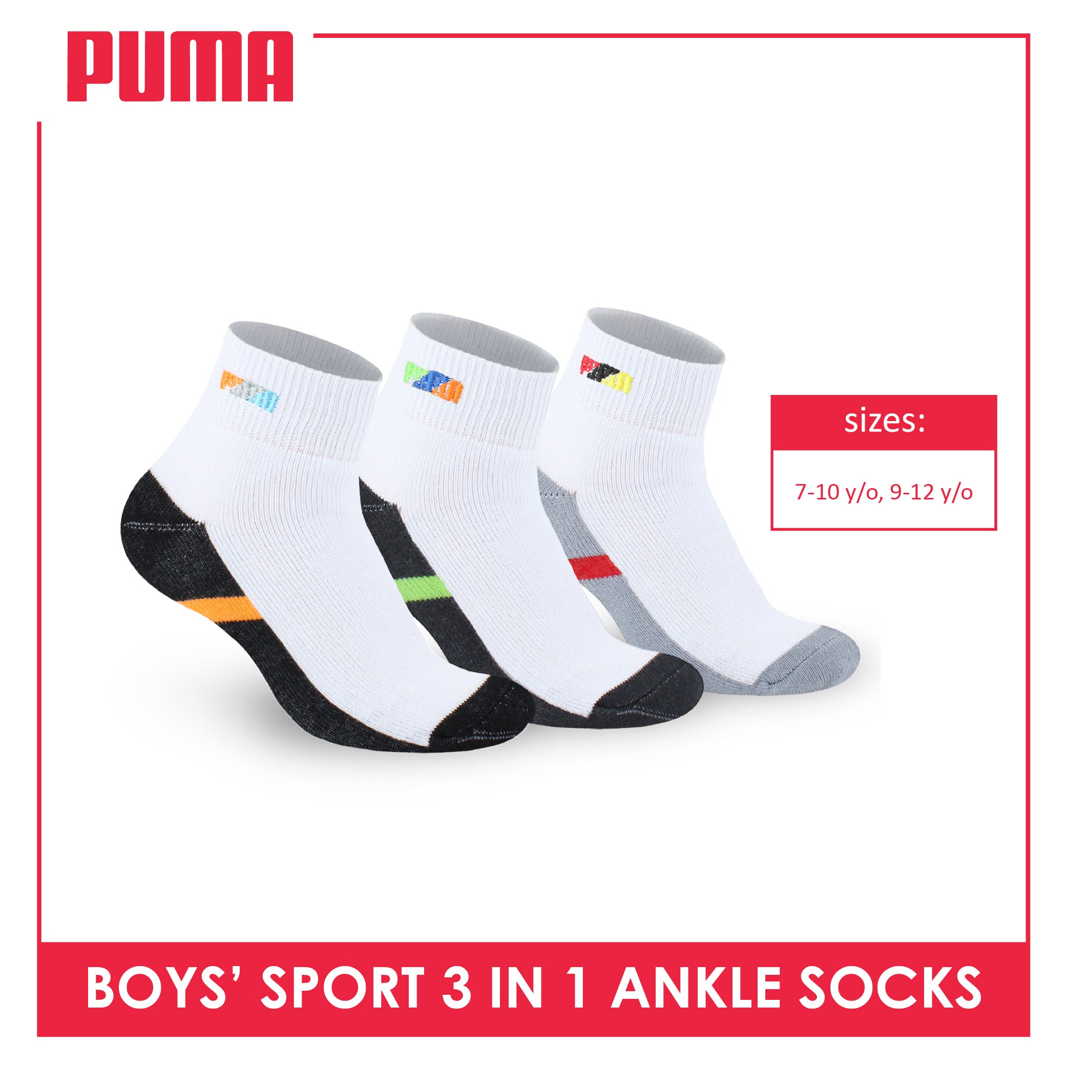 Puma Boys’ Cotton Thick Sports Ankle Socks 3 pairs in a pack PBSEG4