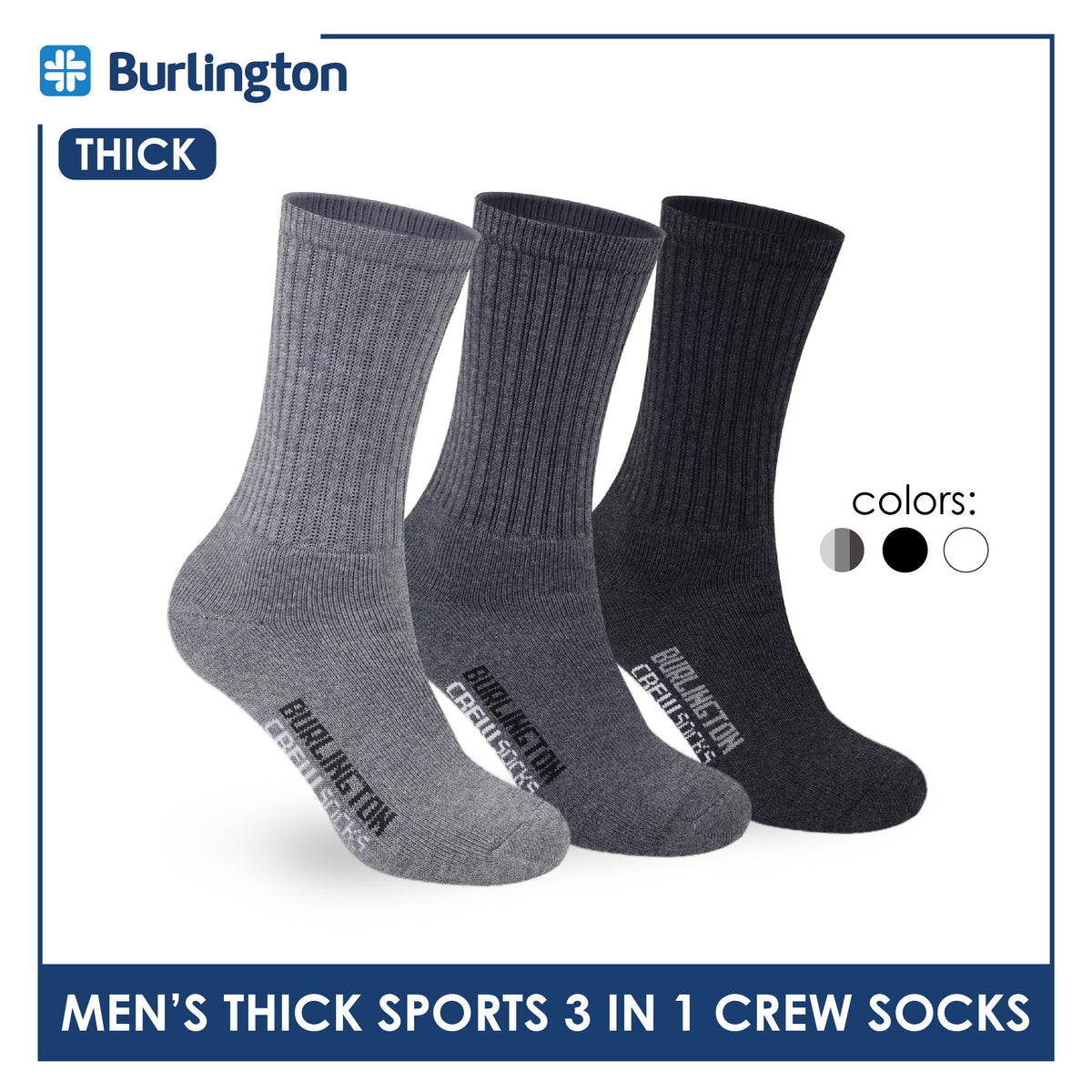 Burlington Men's Cotton Thick Sports Crew Socks 3 pairs in a pack 0223