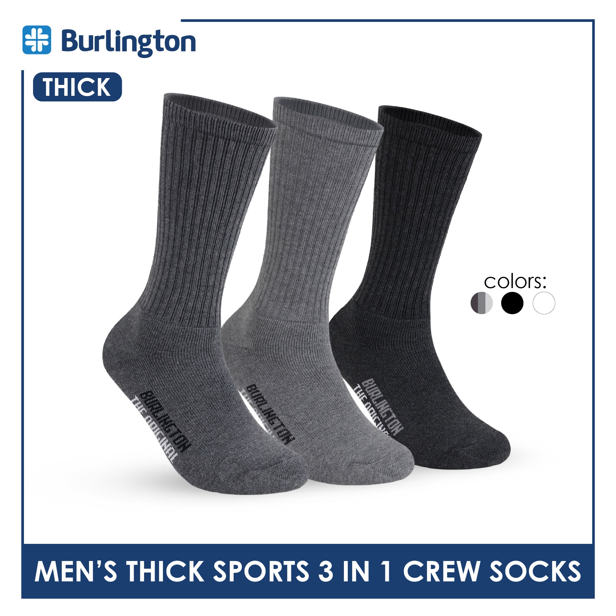 Burlington Men's Cotton Thick Sports Crew Socks 3 pairs in a pack 0250