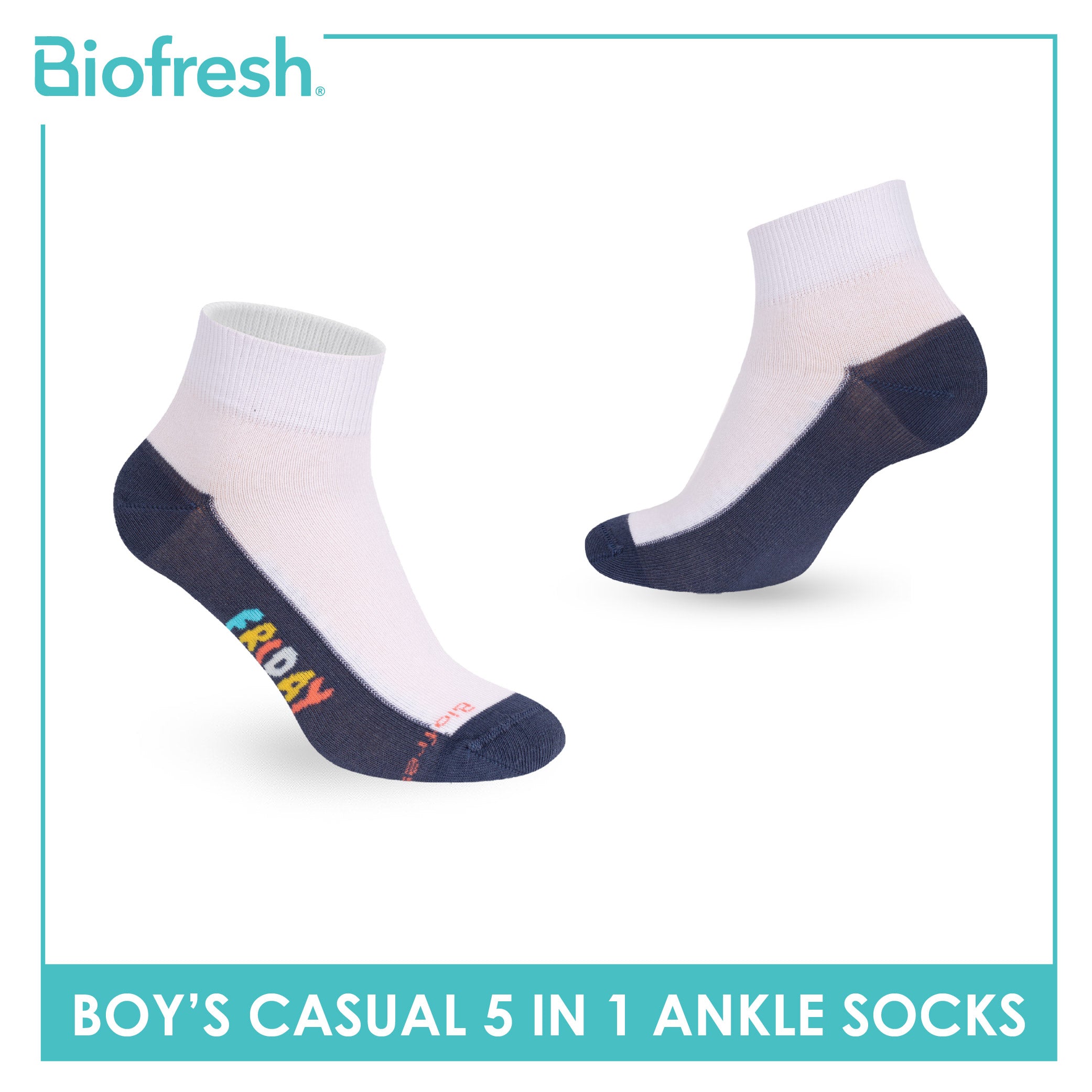 Biofresh Boys’ Antimicrobial Cotton Thin Casual Ankle Socks 5 pairs in 1 pack RBCKG2F