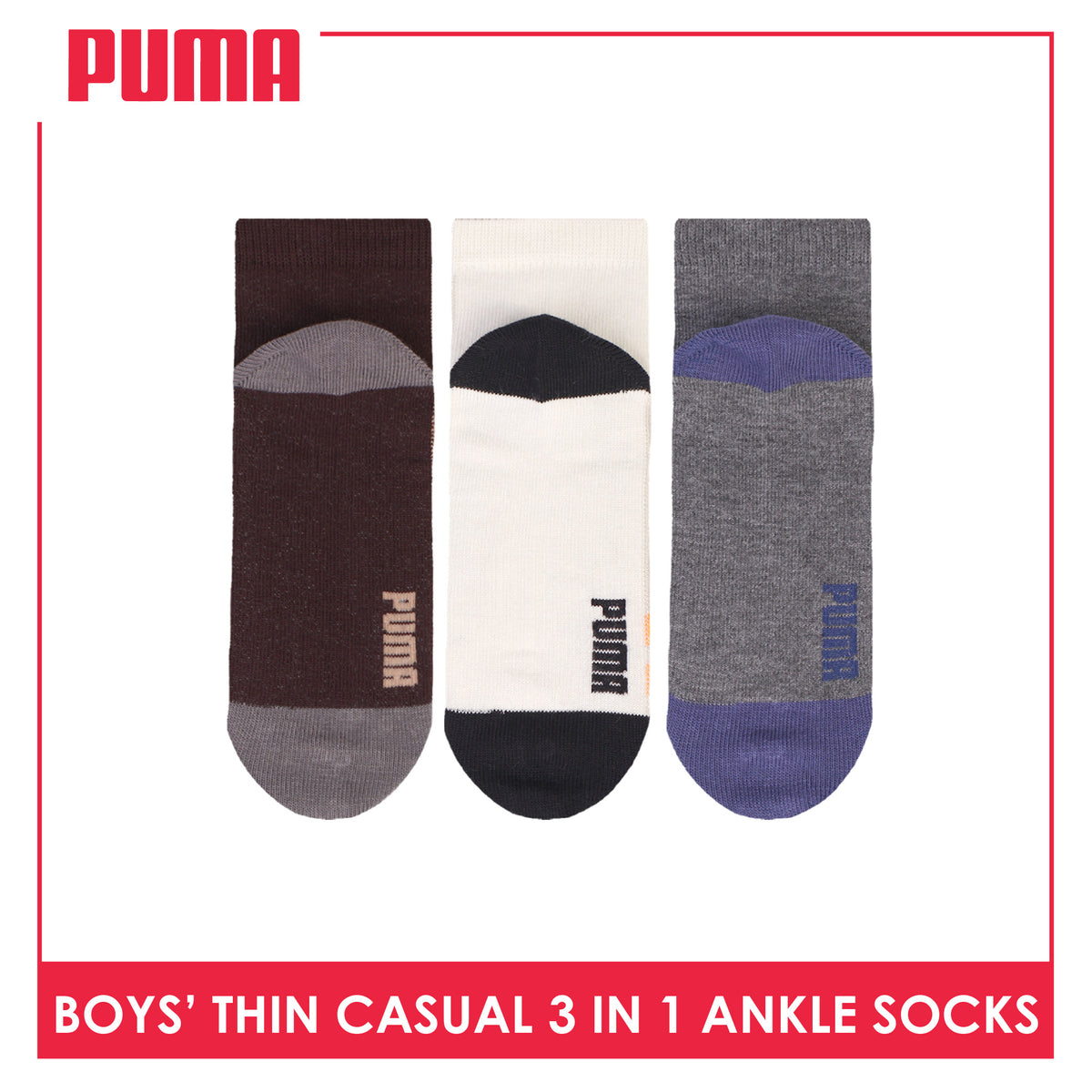 Puma Boys’ Cotton Thin Casual Ankle Socks 3 pairs in 1 pack PBCG612