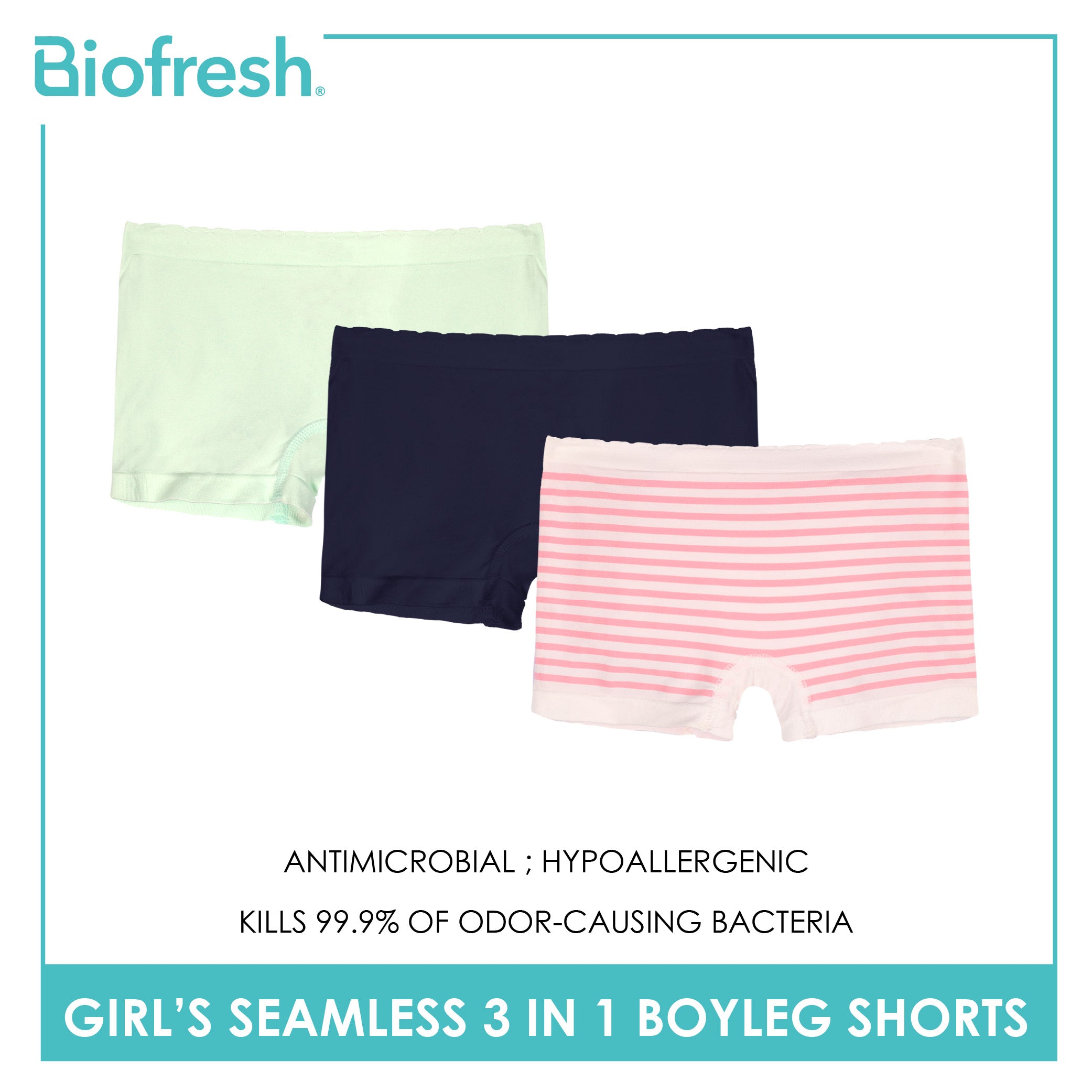 Biofresh Girls’ Antimicrobial Seamless Panty Boyleg Shorts 3 pieces in a pack UGPBG4