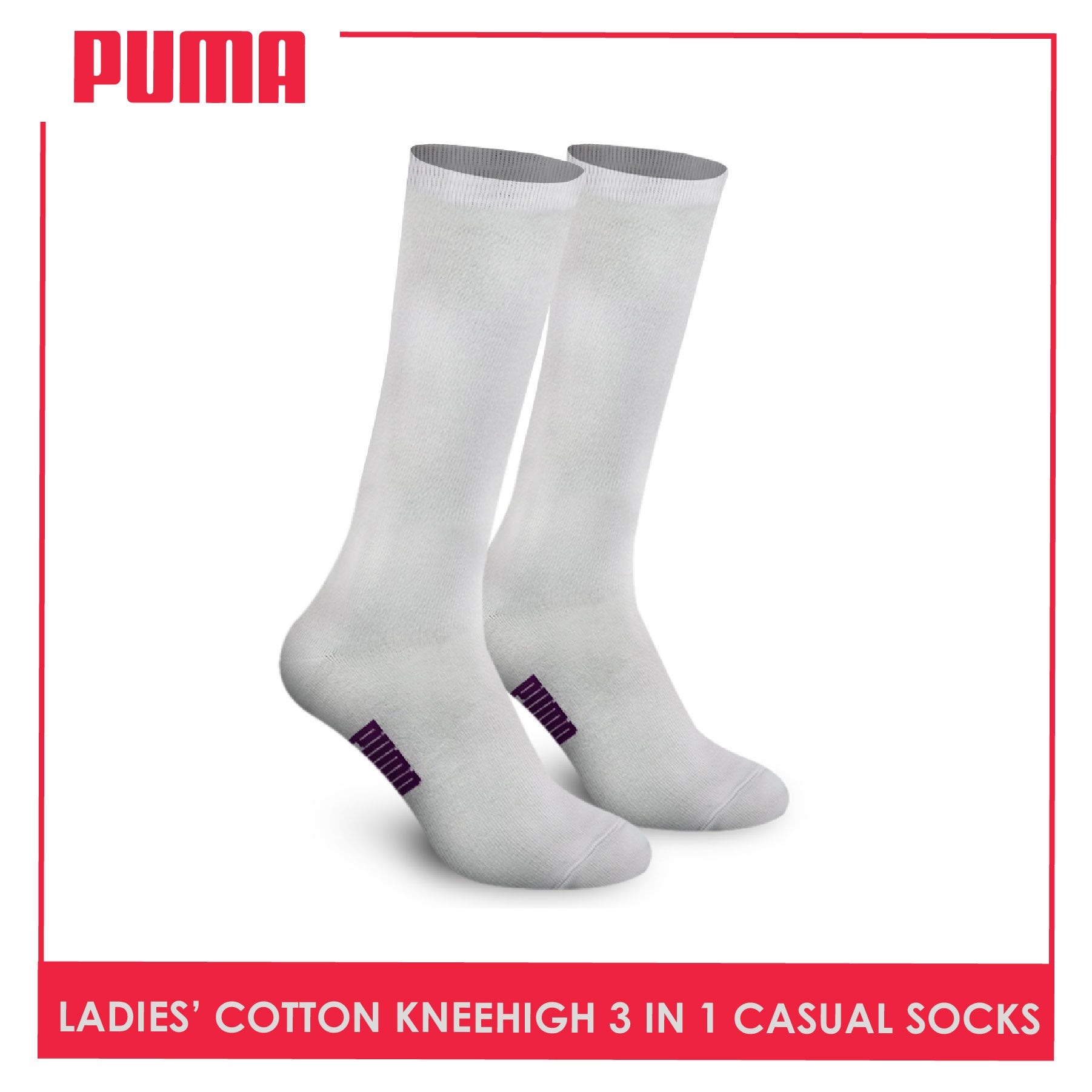 Puma Ladies' Cotton Lite Thin Casual Knee High Socks 3 pairs in a pack PLHKG1
