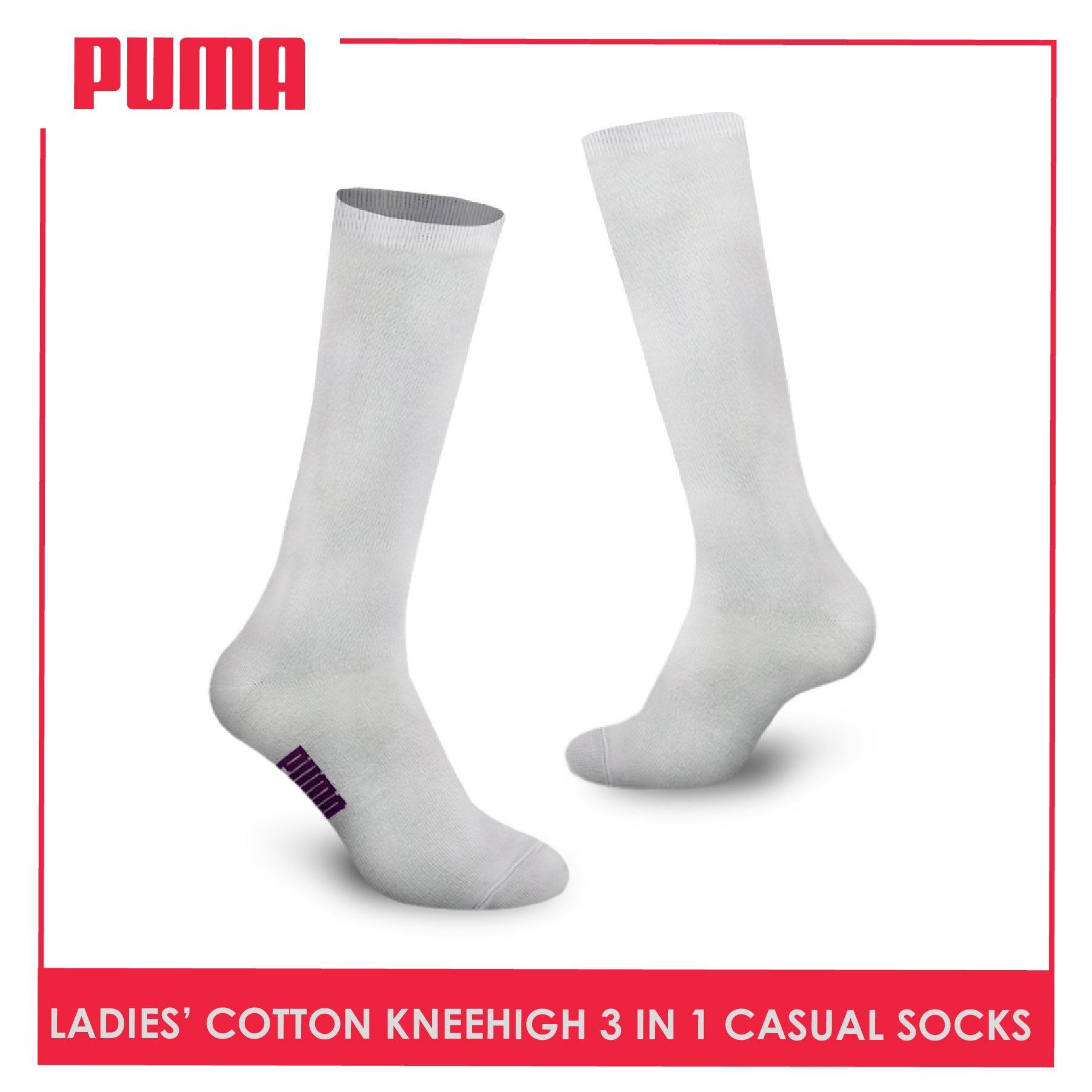 Puma Ladies' Cotton Lite Thin Casual Knee High Socks 3 pairs in a pack PLHKG1