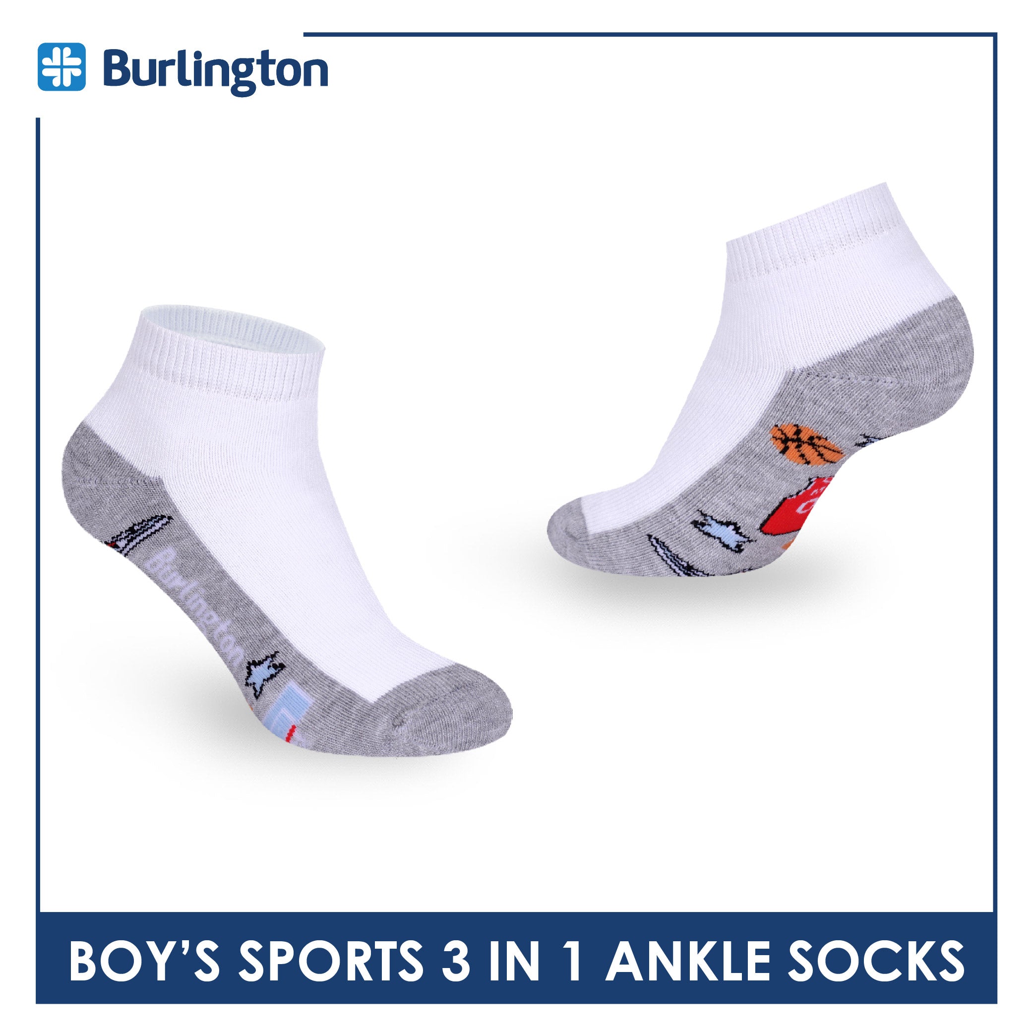 Burlington Boys’ Cotton Sports Ankle Socks 3 pairs in 1 pack BBSKG40