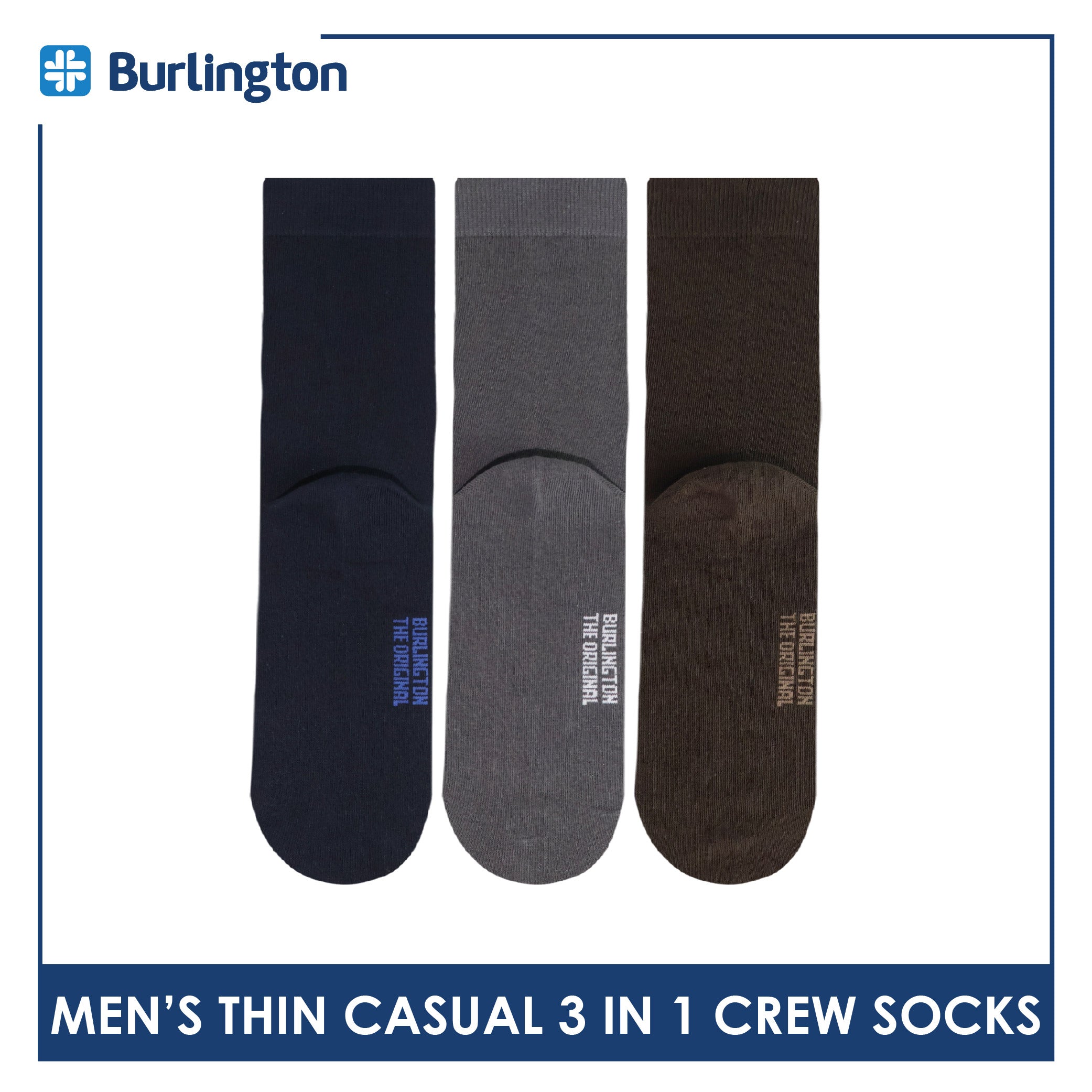 Burlington Men's Cotton Lite Thin Casual Crew Socks 3 pairs in a pack 148