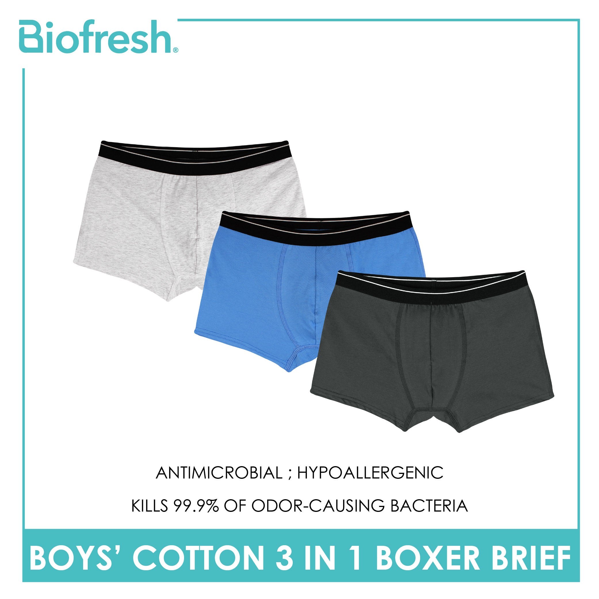 Biofresh Boys' Antimicrobial Cotton Boxer Brief 3 pieces in a pack UCBBG14