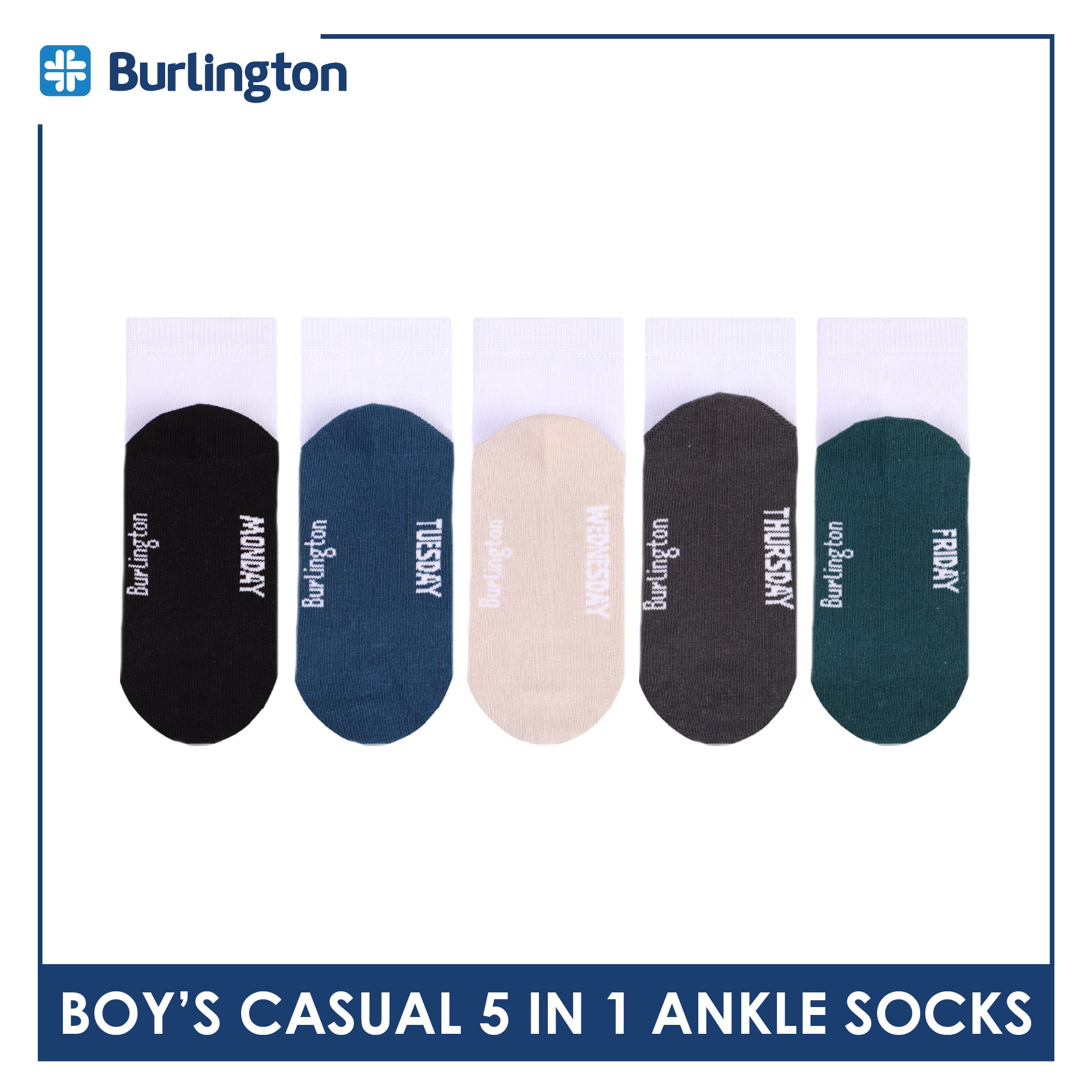 Burlington Boys’ Cotton Casual Ankle Socks 5 pairs in 1 pack BBCKG2F