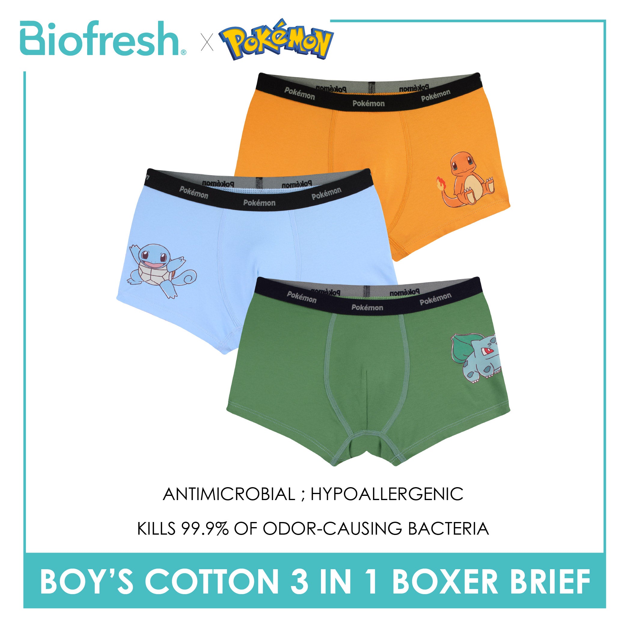 Biofresh | Pokemon Boys’ Antimicrobial Cotton Boxer Brief 3 pieces in a pack PKBBBG532