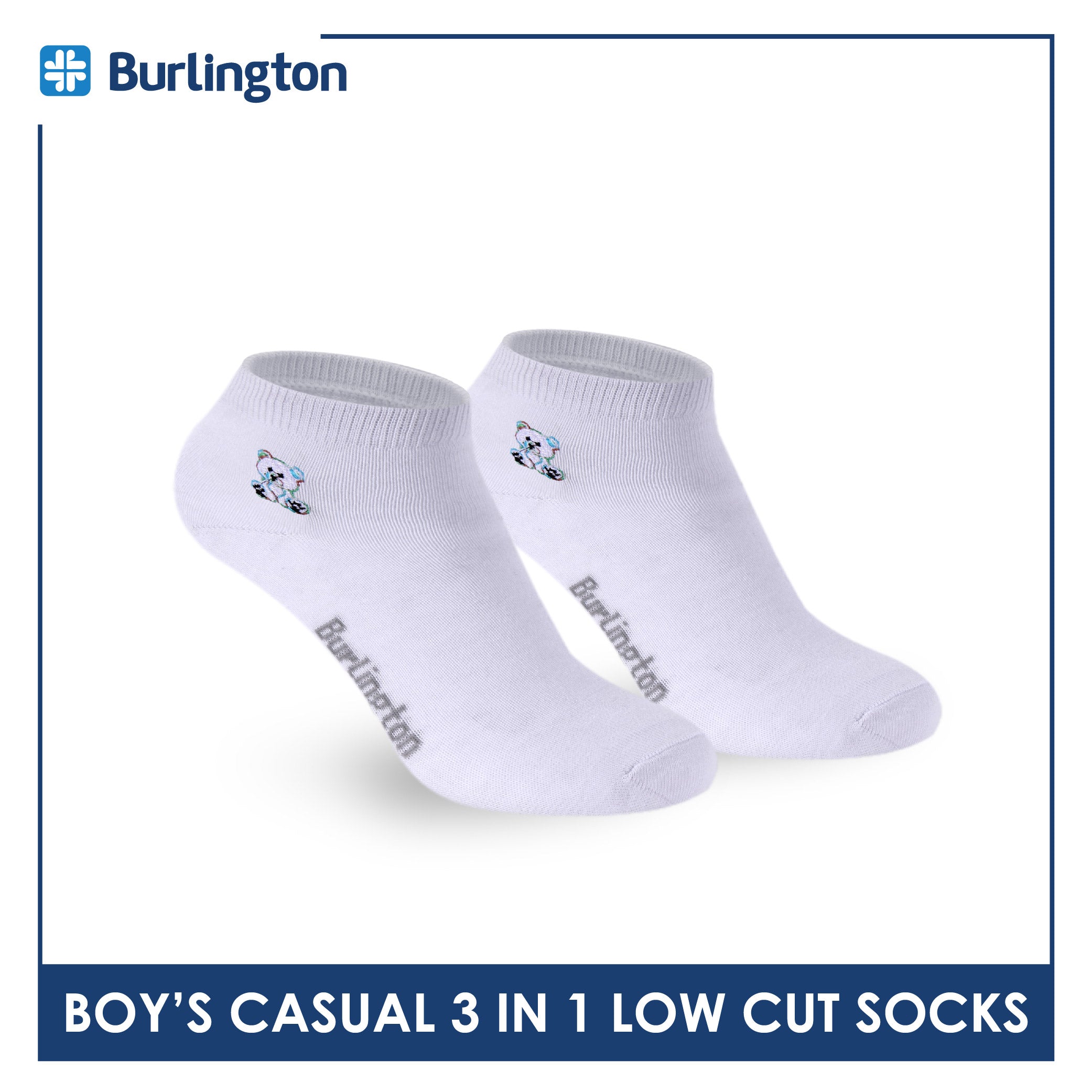 Burlington | Bearlington Boys’ Cotton Embroidered Casual Low Cut Socks 3 pairs in a pack TBBCE1