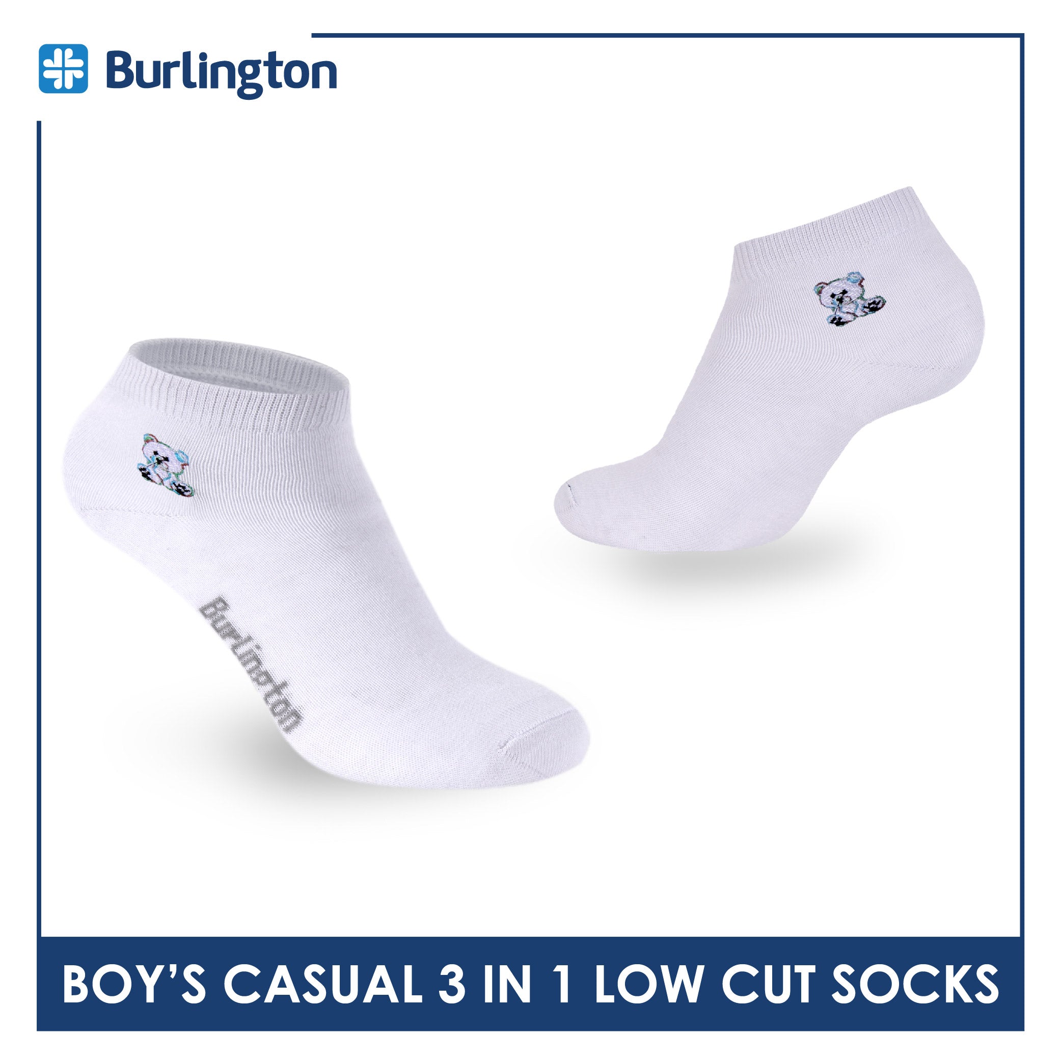 Burlington | Bearlington Boys’ Cotton Embroidered Casual Low Cut Socks 3 pairs in a pack TBBCE1