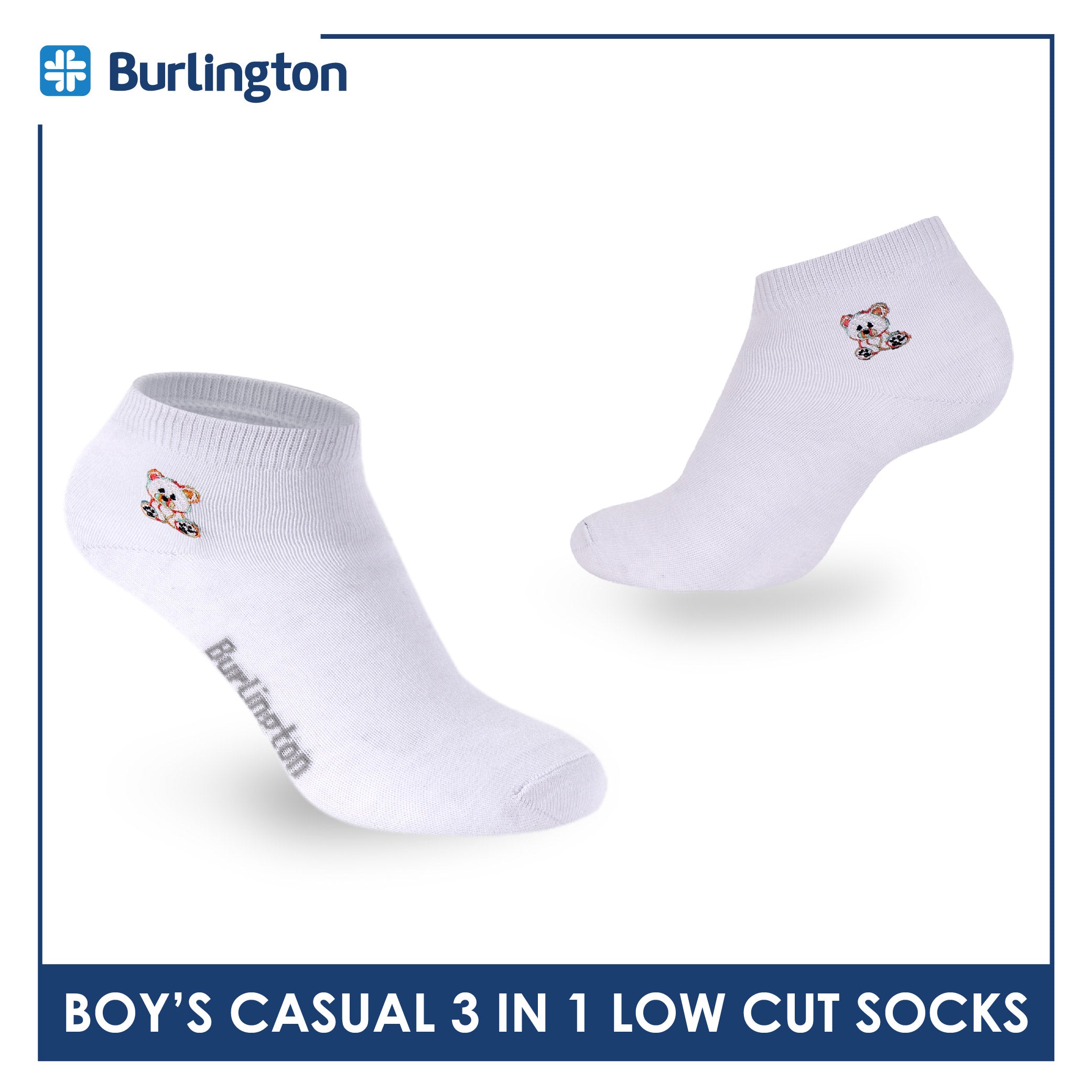 Burlington | Bearlington Boys’ Cotton Embroidered Casual Low Cut Socks 3 pairs in a pack TBBCE1
