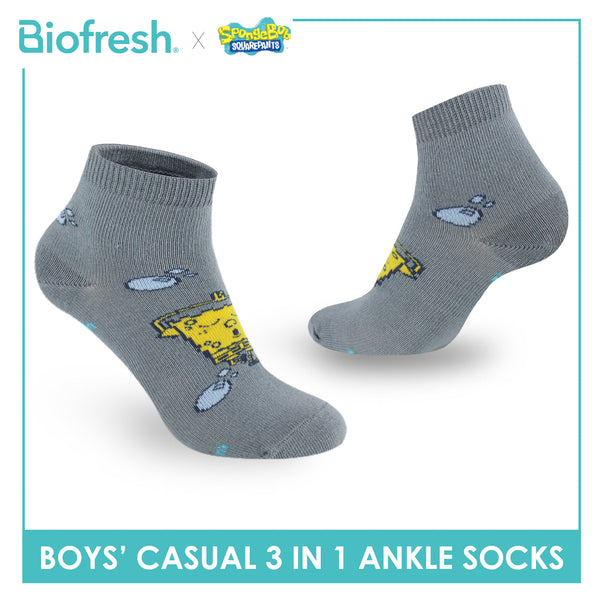 Biofresh | SpongeBob Boys' Antimicrobial Cotton Thin Casual Ankle Socks 3 pairs in 1 pack SBRBCG532