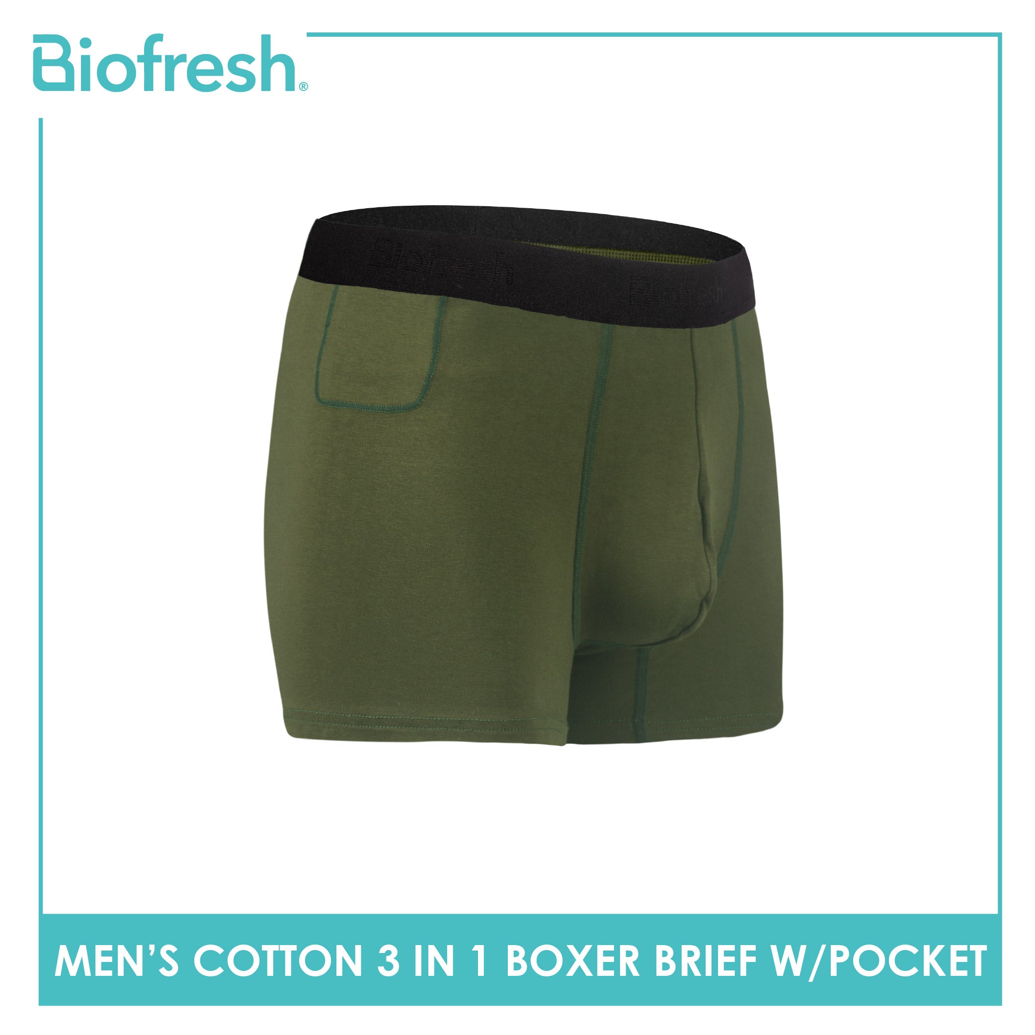 Biofresh Men's Antimicrobial Cotton Boxer Brief with Pocket 3 pieces in a pack UMBBG531