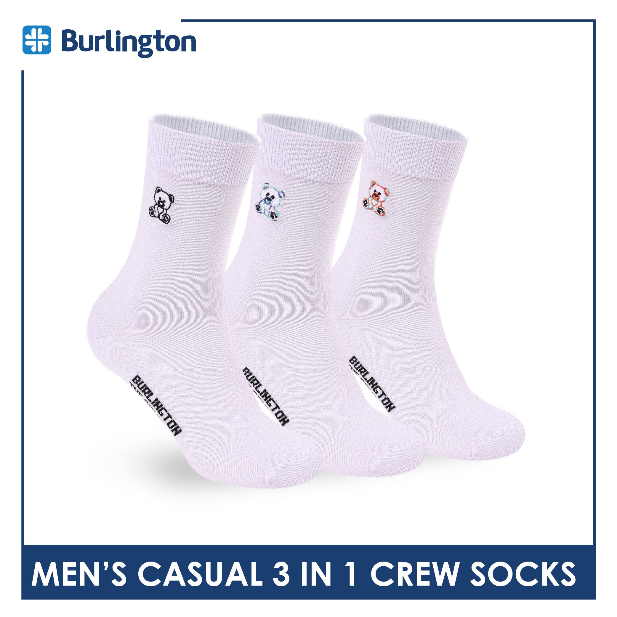 Burlington | Bearlington Men's Cotton Embroidered Casual Crew Socks 3 pairs in a pack TBME148