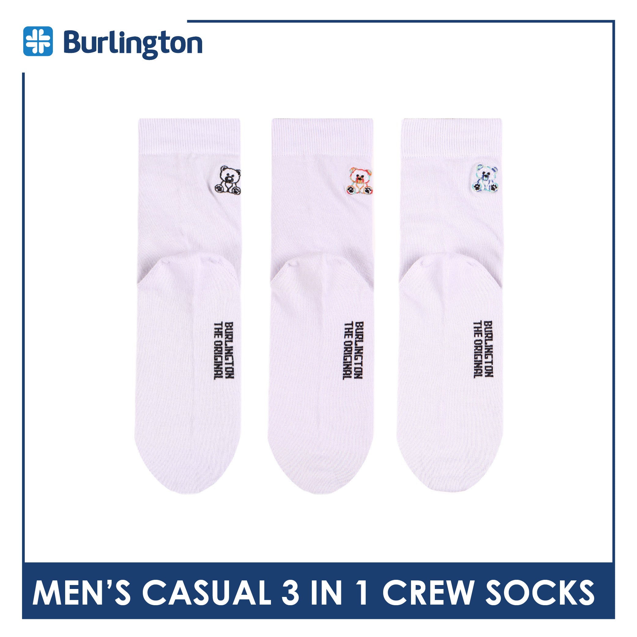 Burlington | Bearlington Men's Cotton Embroidered Casual Crew Socks 3 pairs in a pack TBME148
