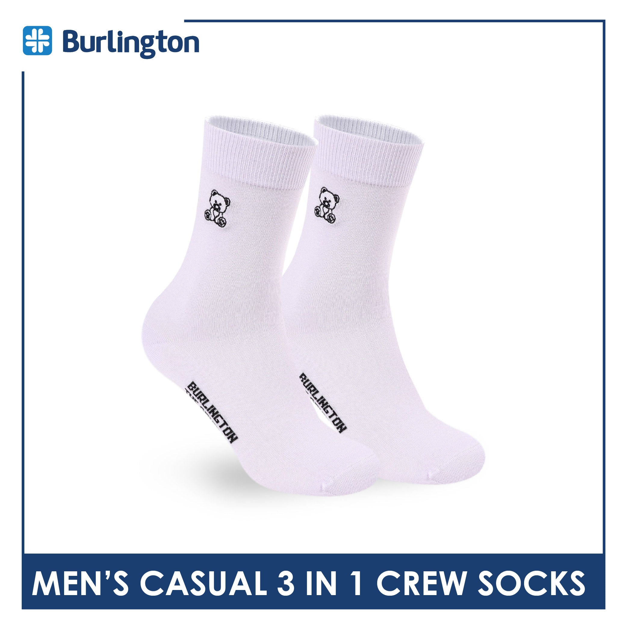 Burlington | Bearlington Men's Cotton Embroidered Casual Crew Socks 3 pairs in a pack TBME148