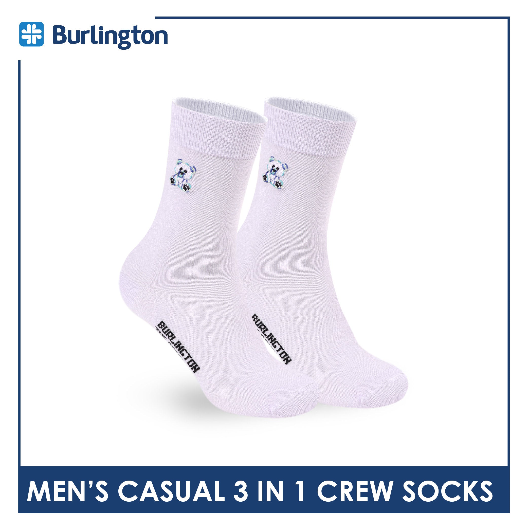 Burlington | Bearlington Men's Cotton Embroidered Casual Crew Socks 3 pairs in a pack TBME148