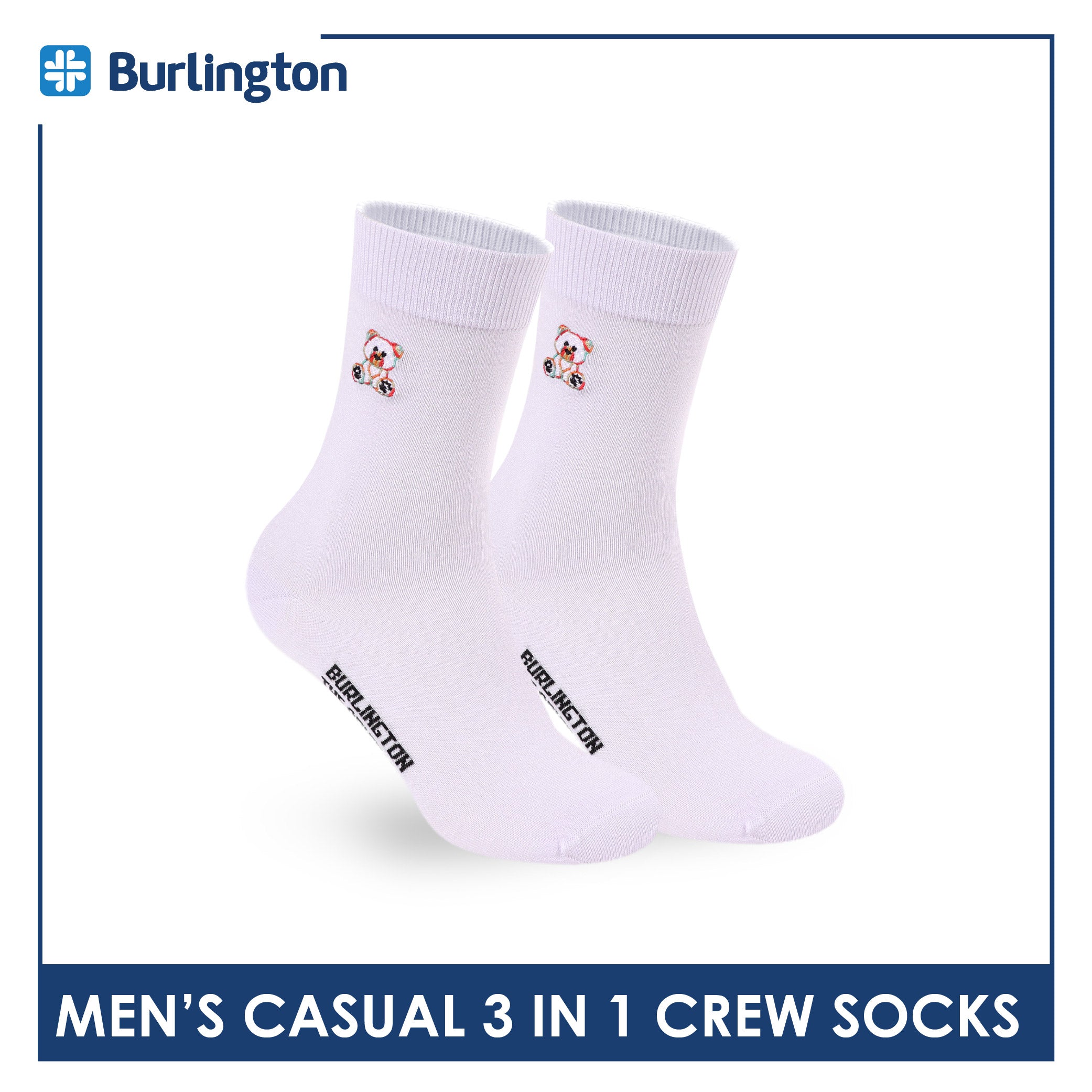 Burlington | Bearlington Men's Cotton Embroidered Casual Crew Socks 3 pairs in a pack TBME148