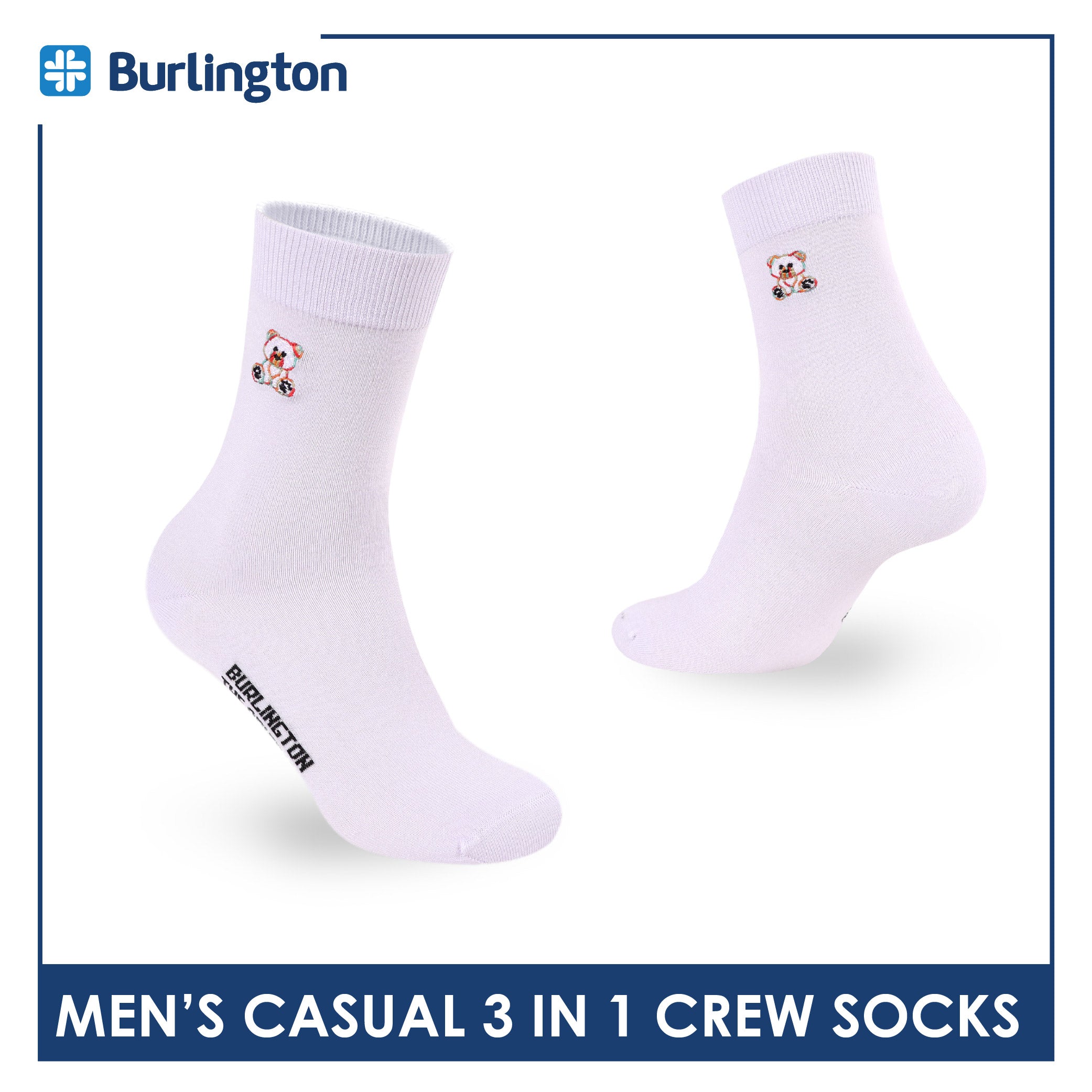 Burlington | Bearlington Men's Cotton Embroidered Casual Crew Socks 3 pairs in a pack TBME148