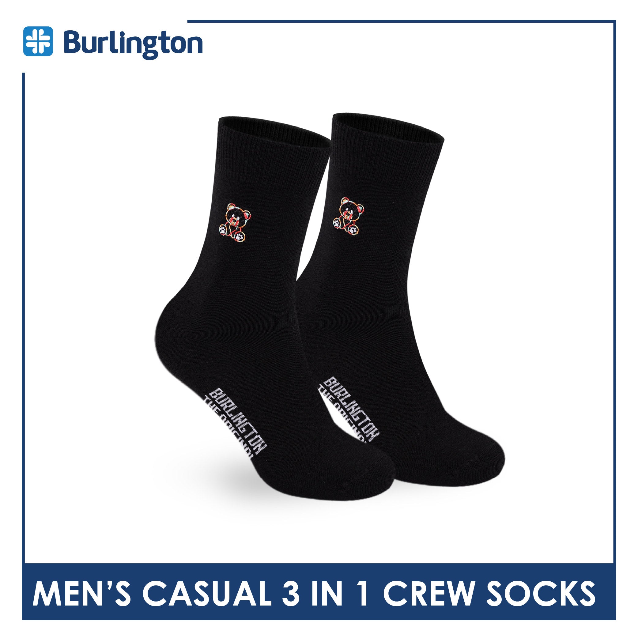 Burlington | Bearlington Men's Cotton Embroidered Casual Crew Socks 3 pairs in a pack TBME148