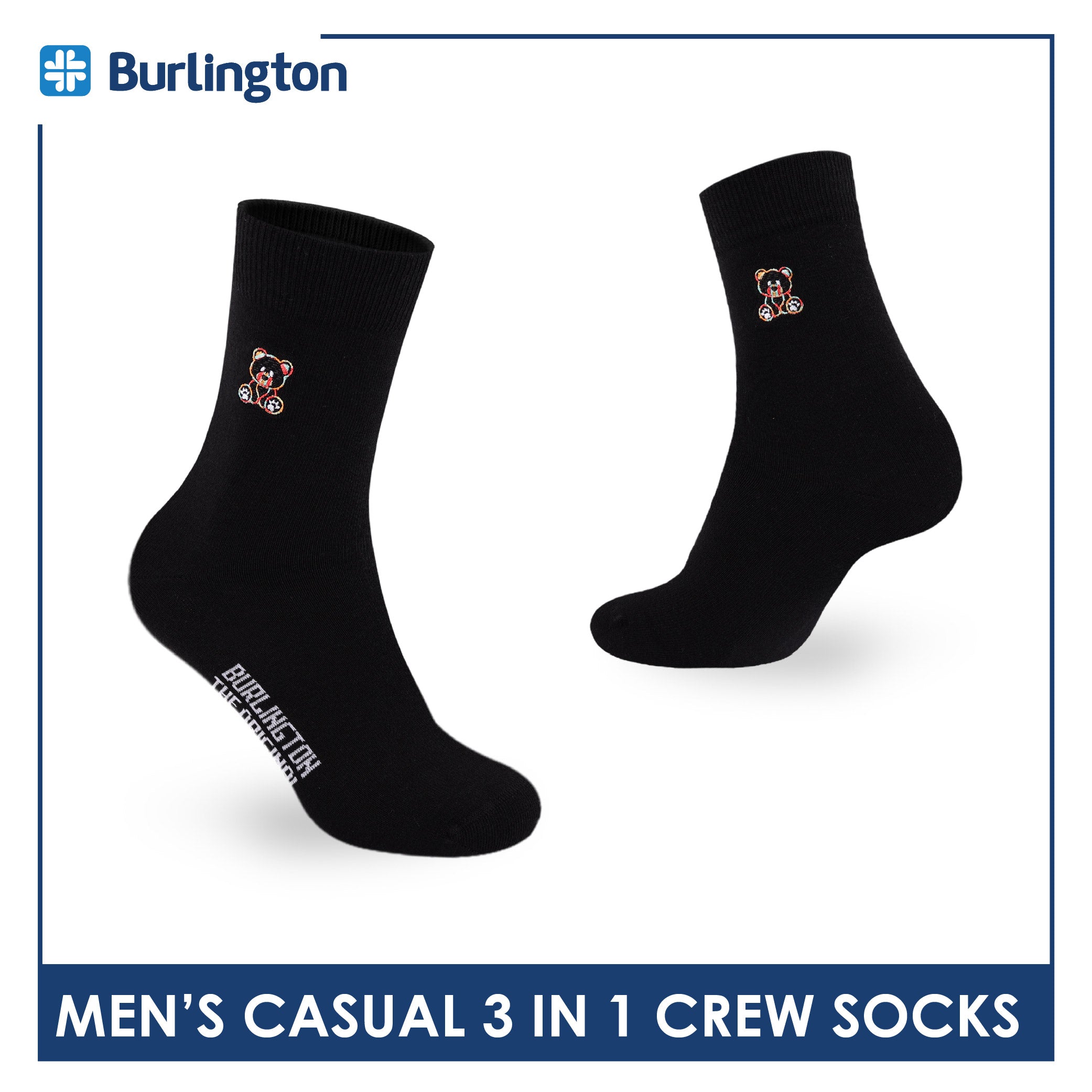 Burlington | Bearlington Men's Cotton Embroidered Casual Crew Socks 3 pairs in a pack TBME148