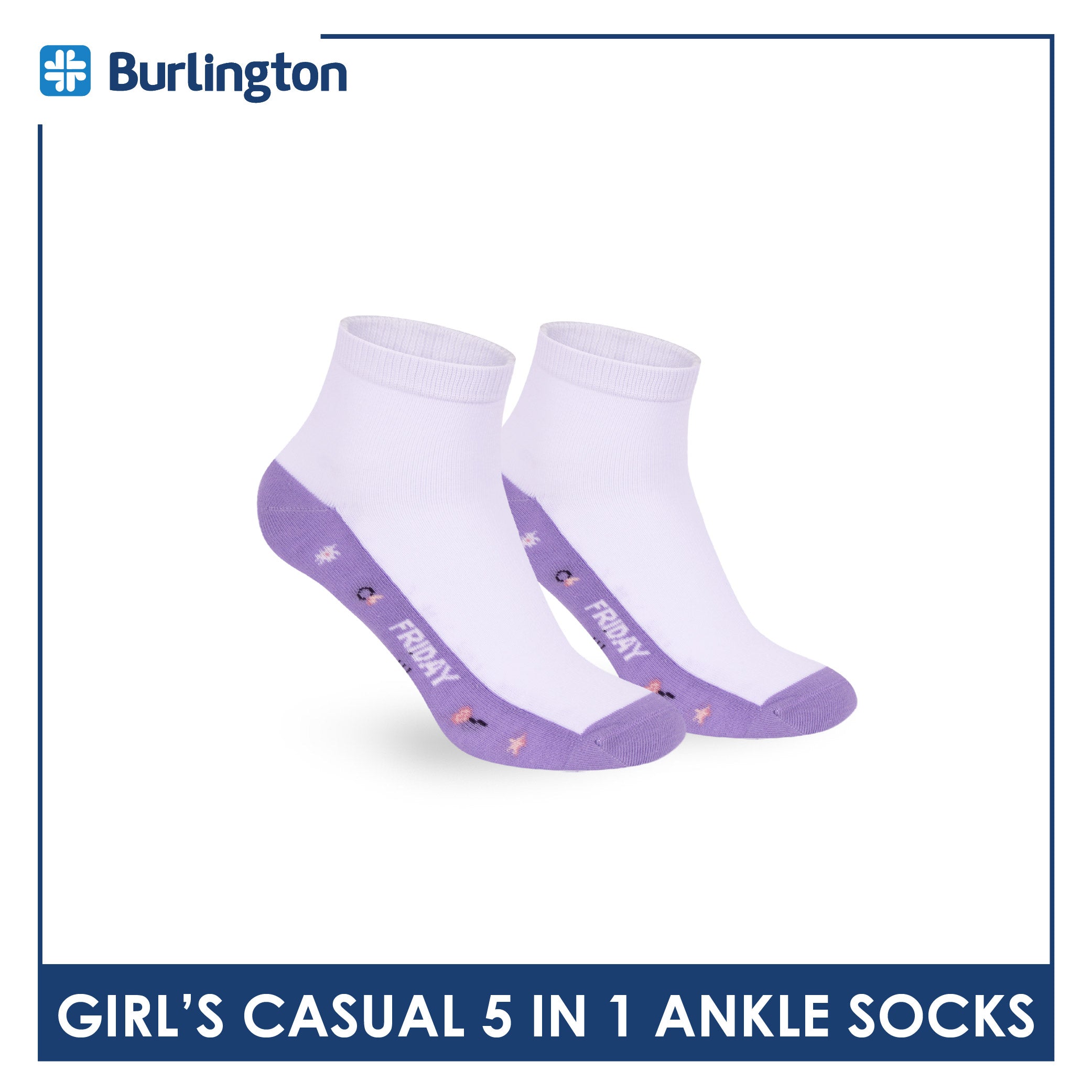 Burlington Girls’ Cotton Thin Casual Ankle Socks 5 pairs in 1 pack BGCKG2F