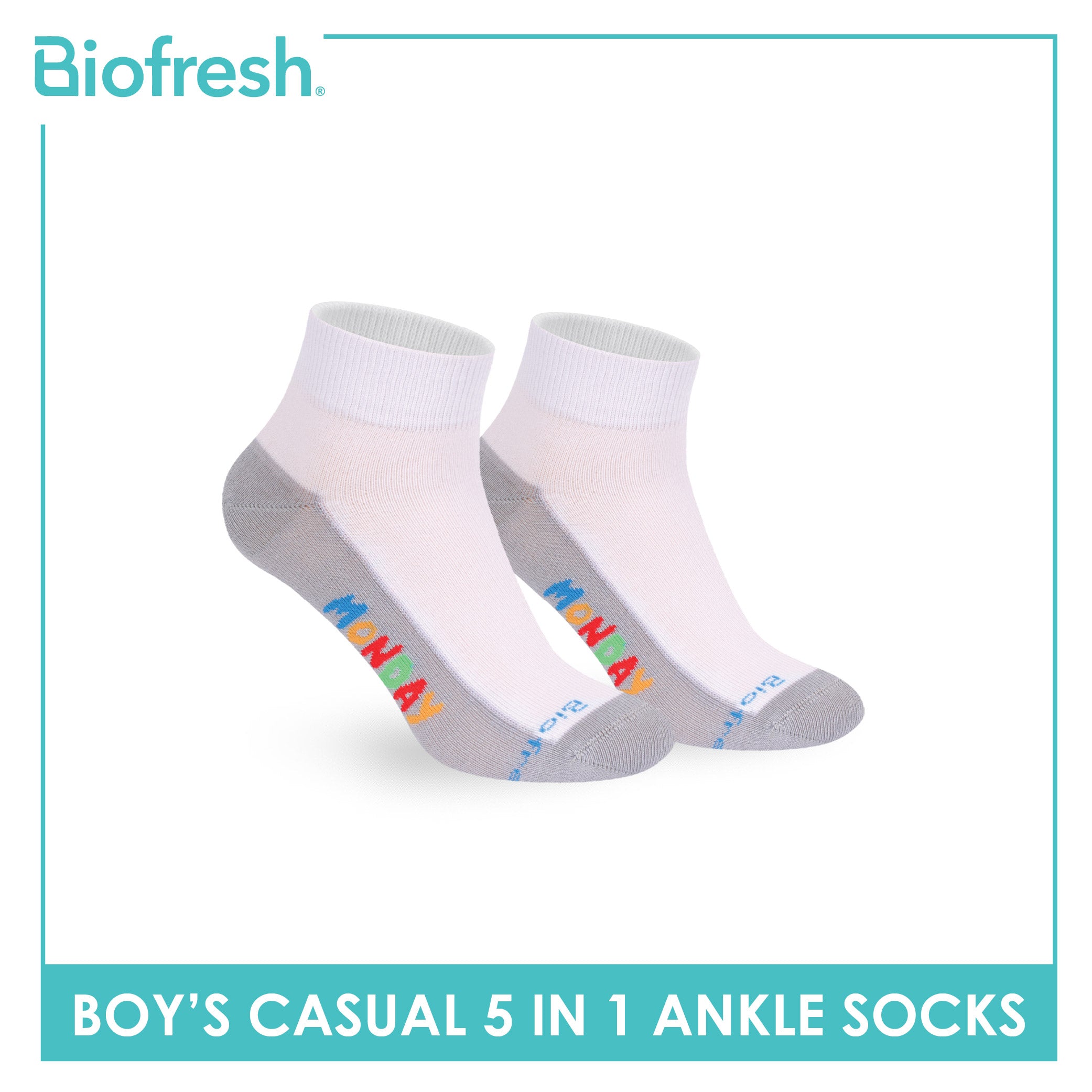 Biofresh Boys’ Antimicrobial Cotton Thin Casual Ankle Socks 5 pairs in 1 pack RBCKG2F