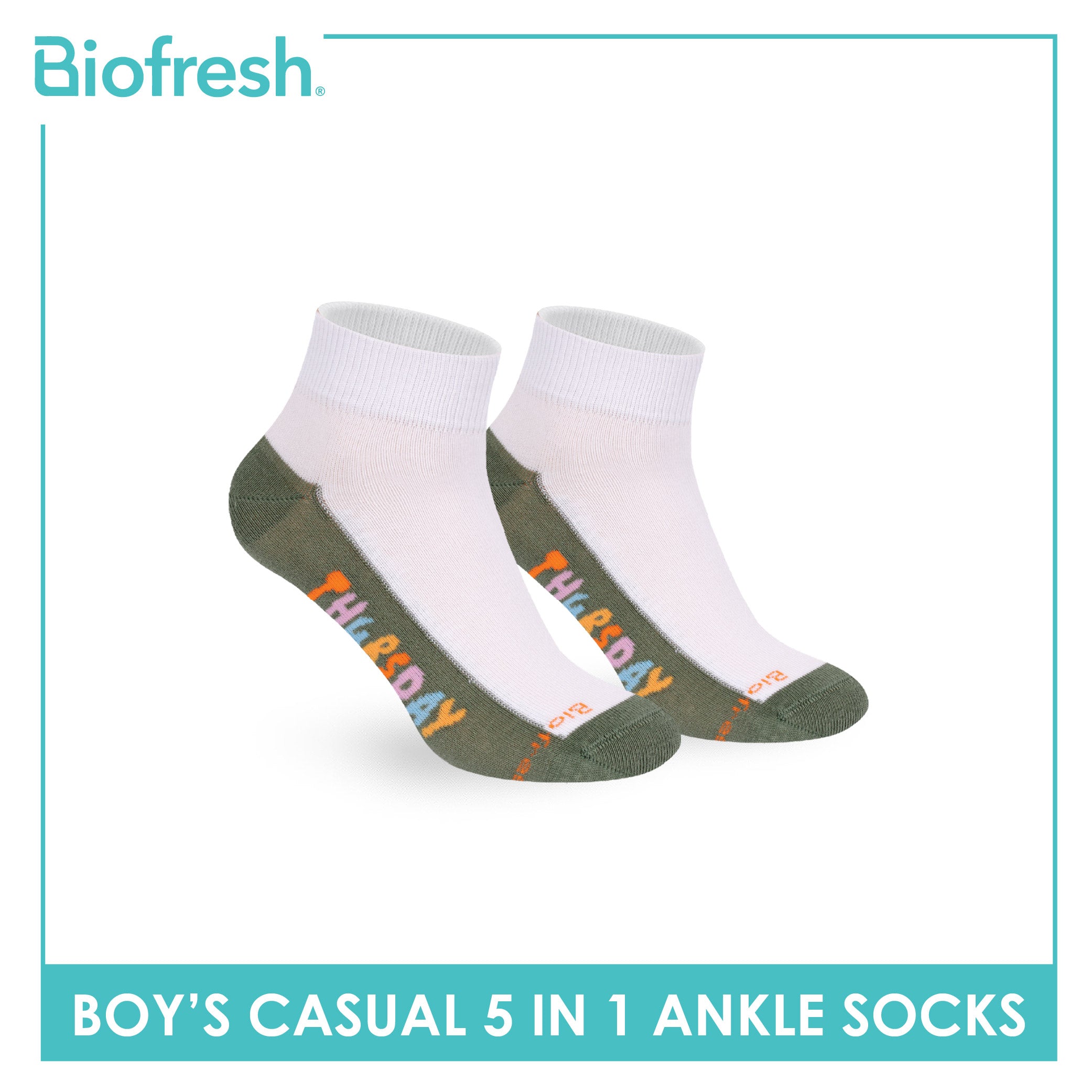 Biofresh Boys’ Antimicrobial Cotton Thin Casual Ankle Socks 5 pairs in 1 pack RBCKG2F