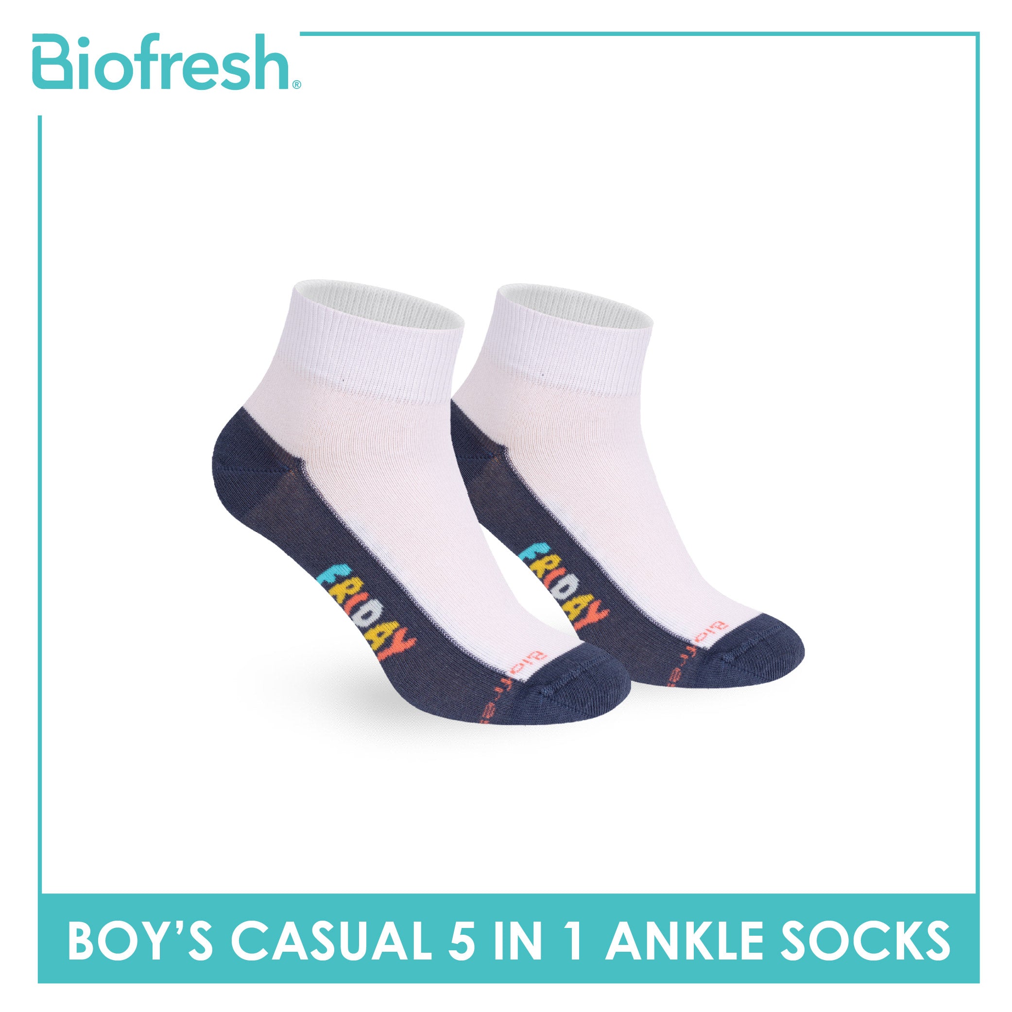 Biofresh Boys’ Antimicrobial Cotton Thin Casual Ankle Socks 5 pairs in 1 pack RBCKG2F