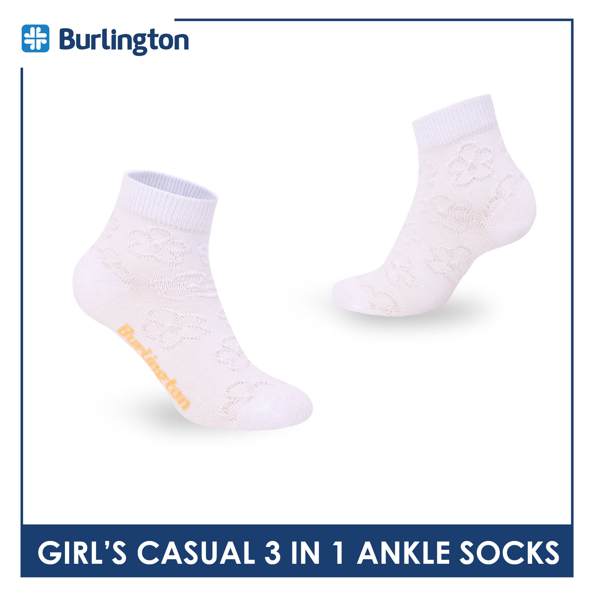 Burlington Girls’ Embossed Cotton Casual Ankle Socks 3 pairs in 1 pack BGCMG2