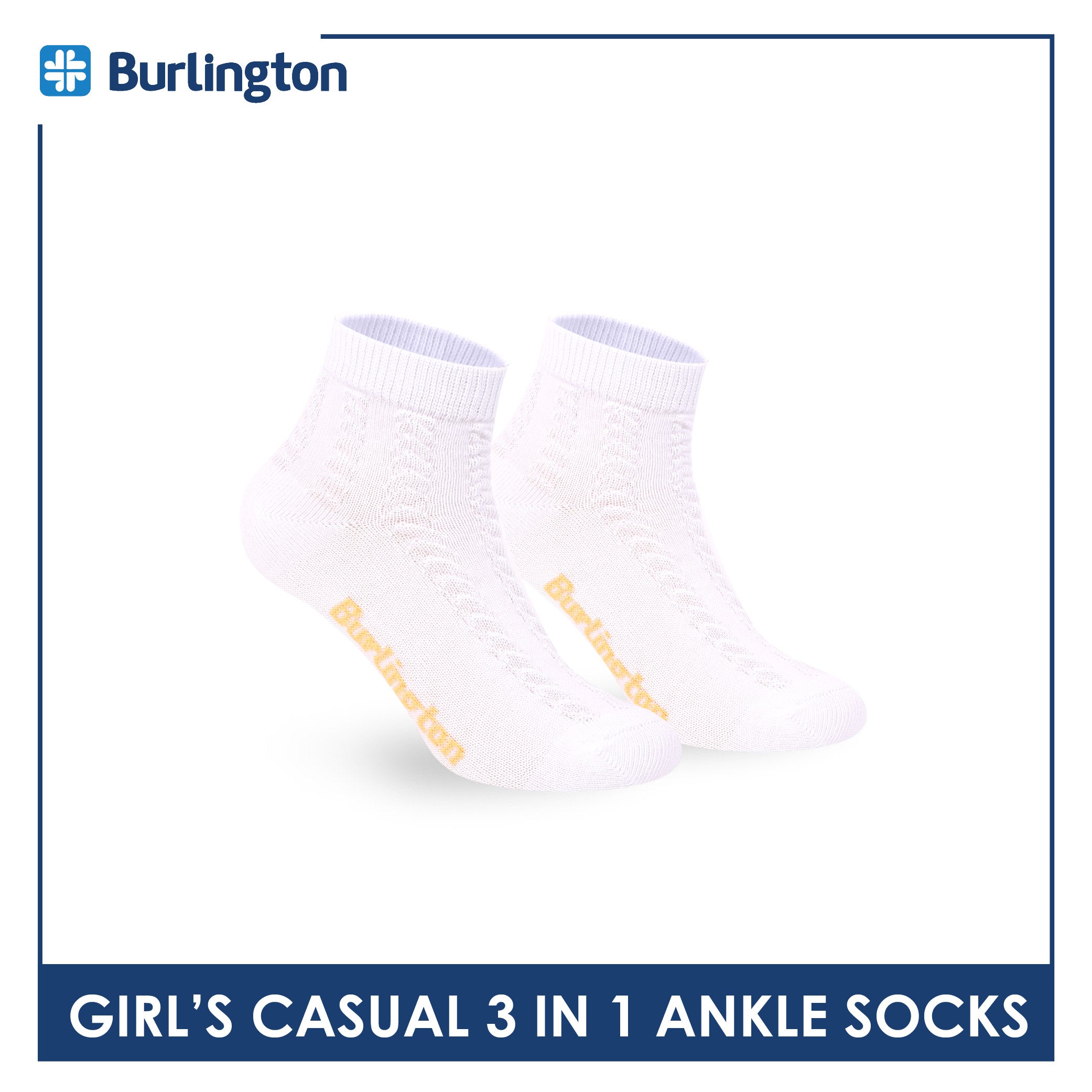Burlington Girls’ Embossed Cotton Casual Ankle Socks 3 pairs in 1 pack BGCMG2