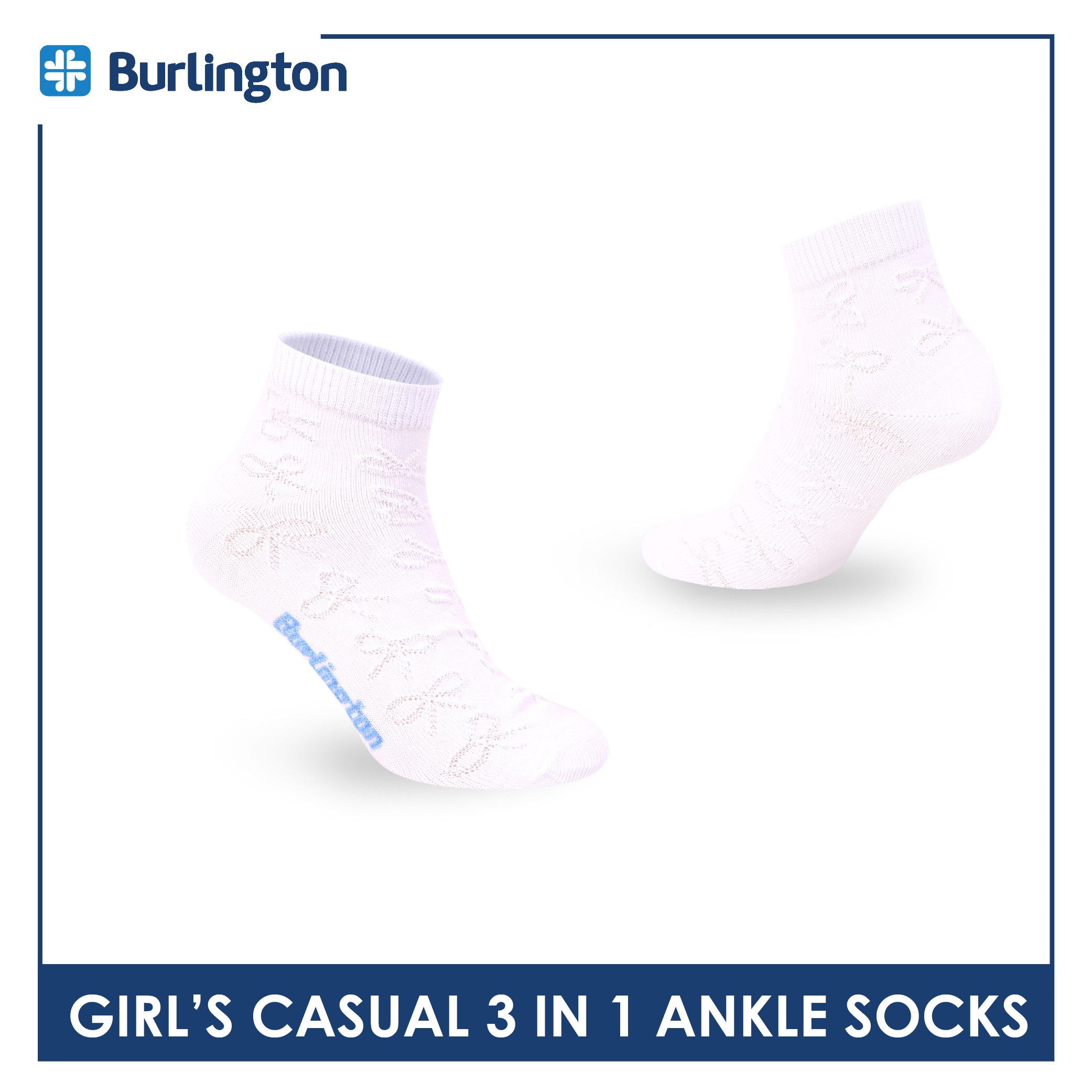 Burlington Girls’ Embossed Cotton Casual Ankle Socks 3 pairs in 1 pack BGCMG2