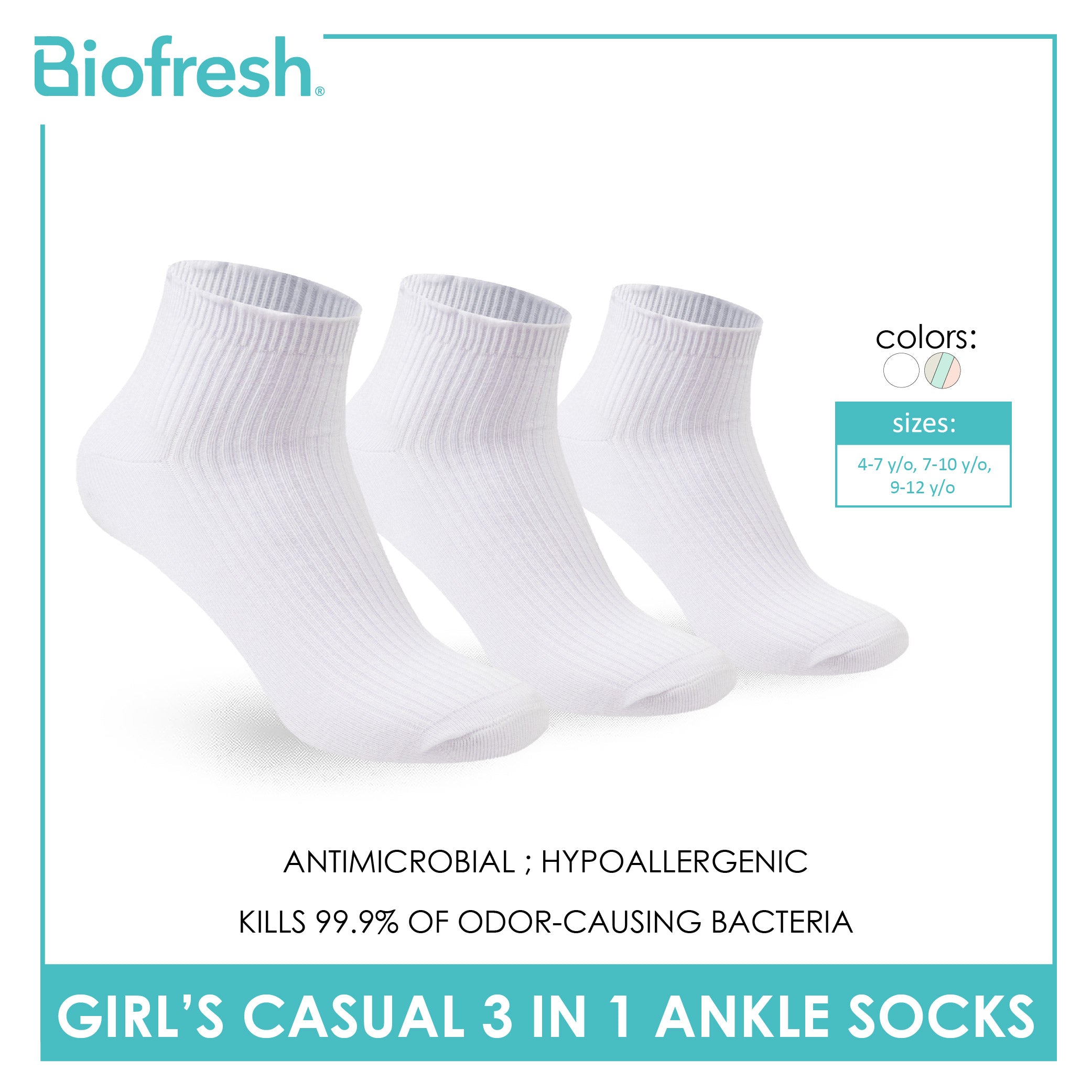 Biofresh Girls' Antimicrobial Cotton Thin Casual Ankle Socks 3 pairs in 1 pack RGCG4401