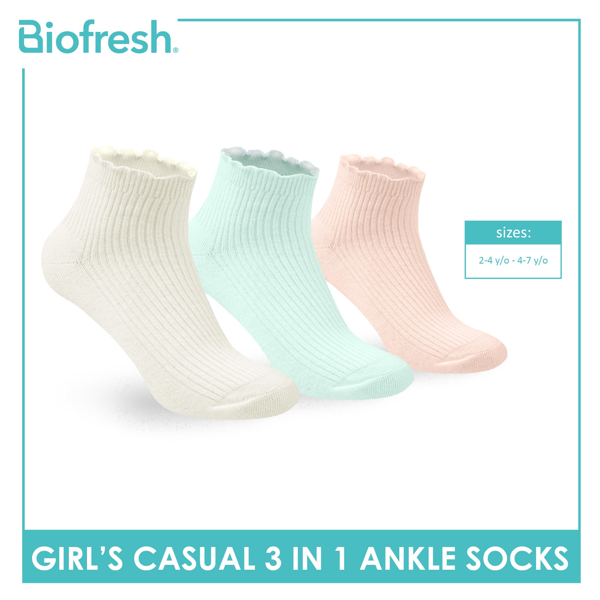 Biofresh Girls' Antimicrobial Cotton Thin Casual Ankle Socks 3 pairs in 1 pack RGCG4401