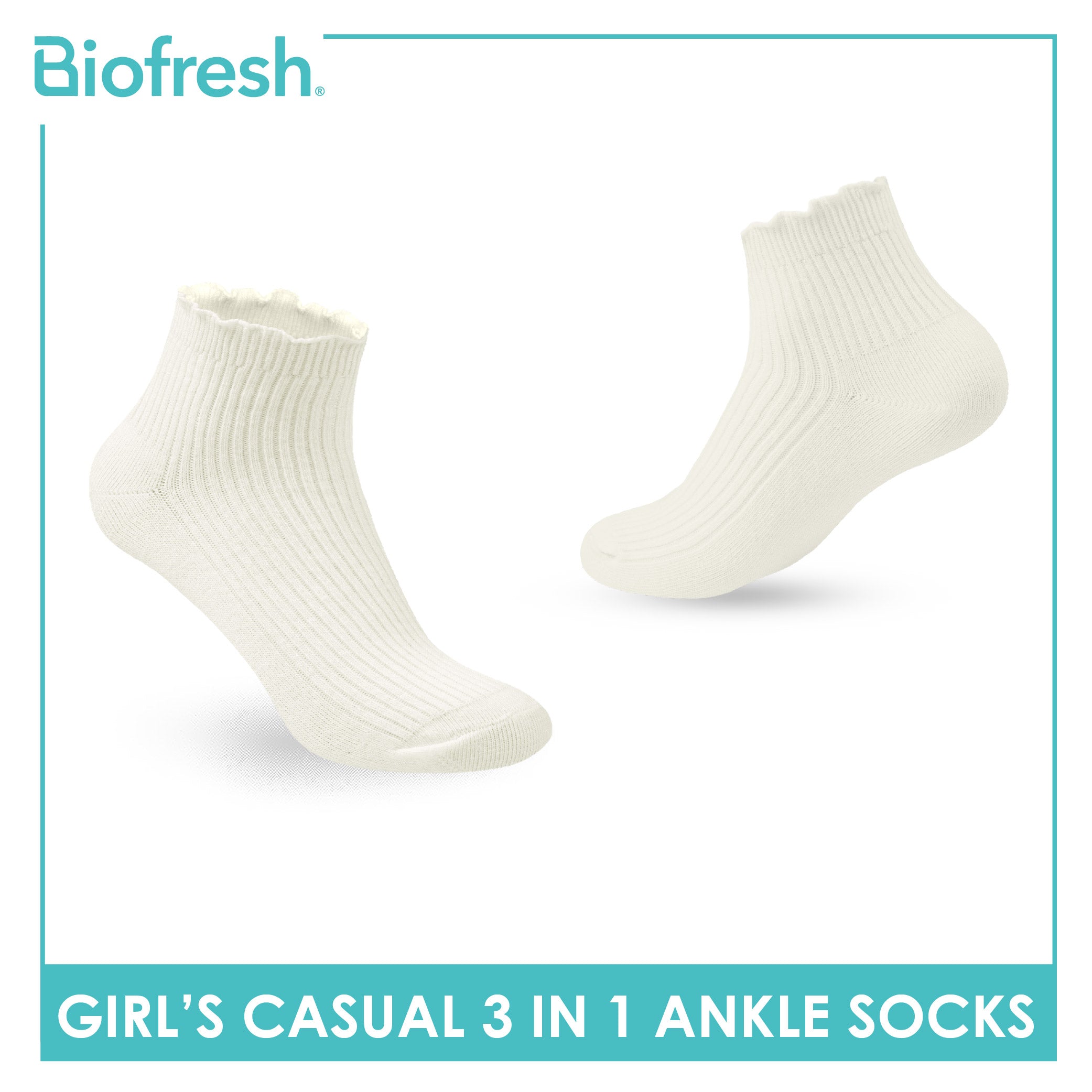 Biofresh Girls' Antimicrobial Cotton Thin Casual Ankle Socks 3 pairs in 1 pack RGCG4401
