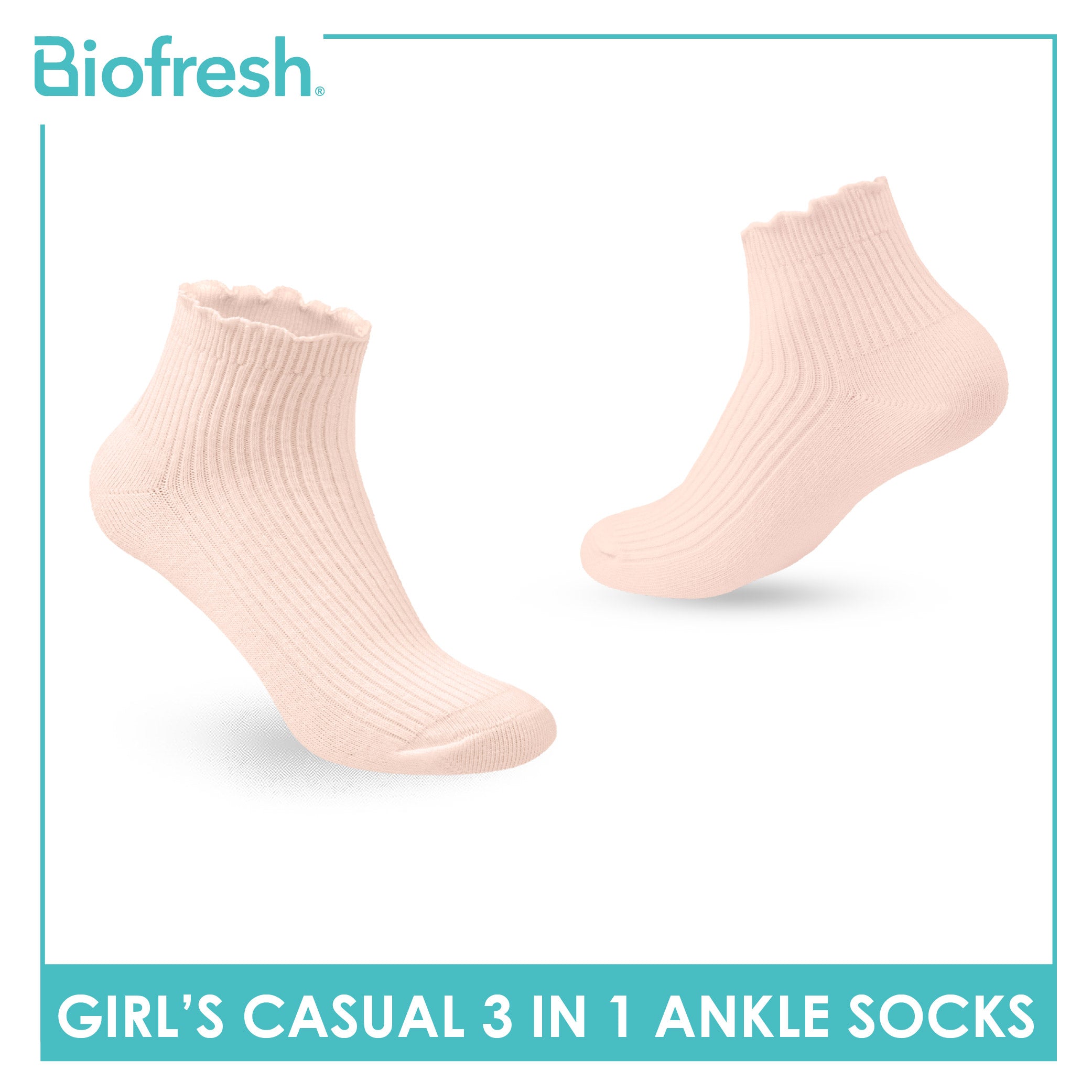 Biofresh Girls' Antimicrobial Cotton Thin Casual Ankle Socks 3 pairs in 1 pack RGCG4401