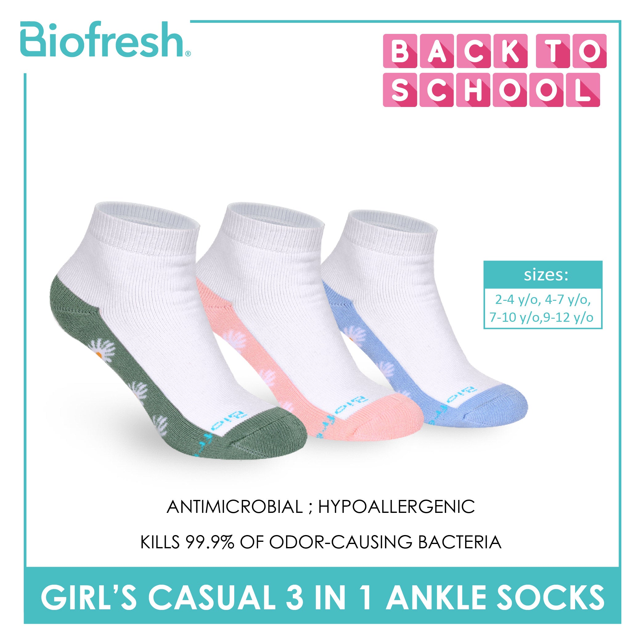 Biofresh Girls’ Antimicrobial Cotton Thick Sports Ankle Socks 3 pairs in 1 pack RGSKG30