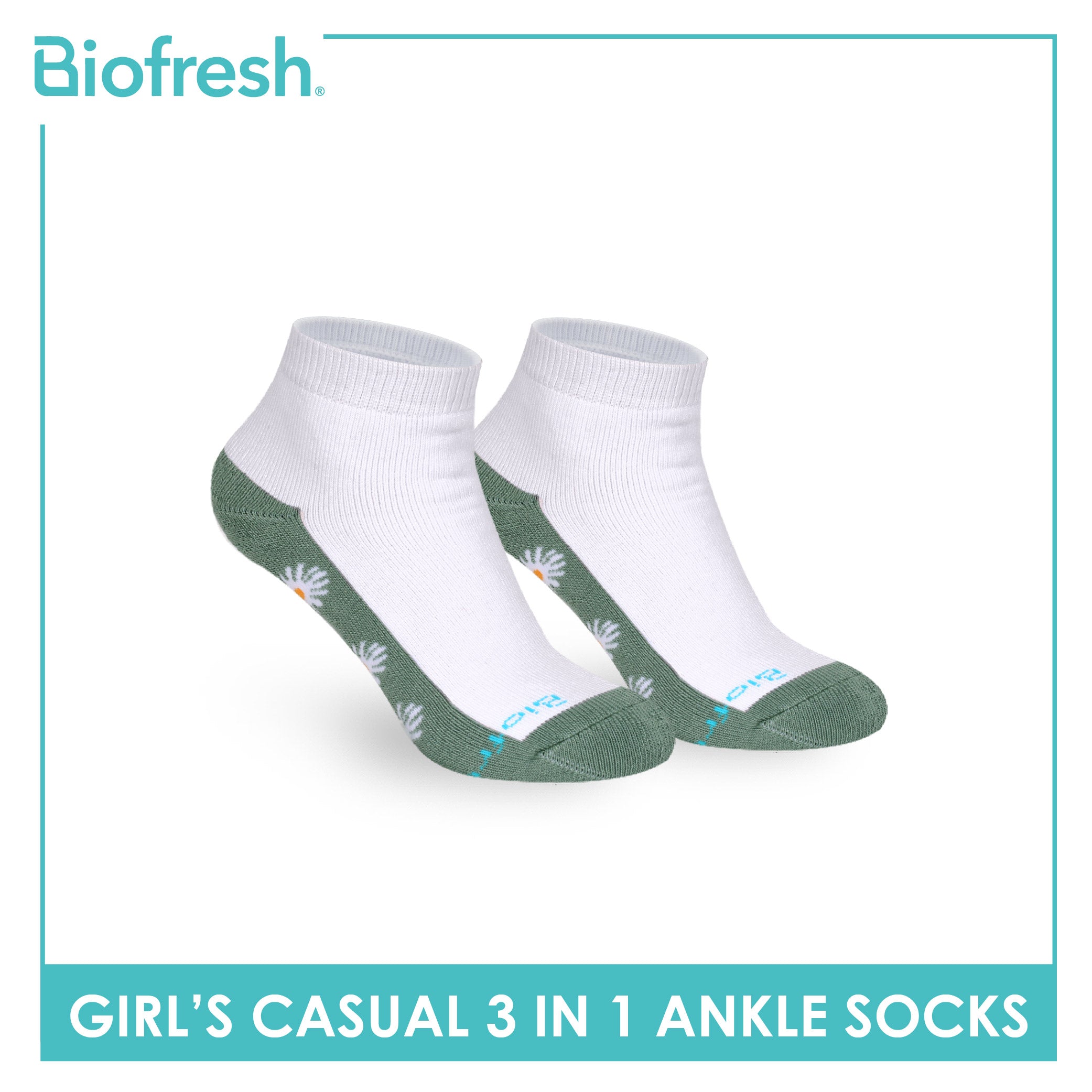 Biofresh Girls’ Antimicrobial Cotton Thick Sports Ankle Socks 3 pairs in 1 pack RGSKG30