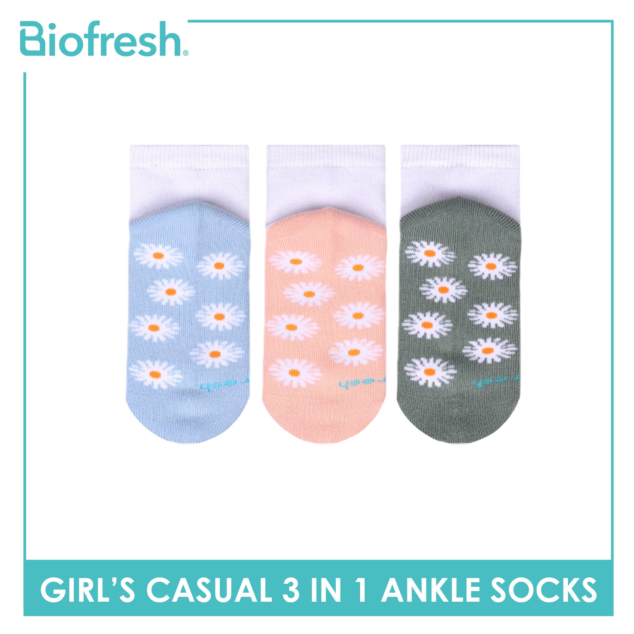 Biofresh Girls’ Antimicrobial Cotton Thick Sports Ankle Socks 3 pairs in 1 pack RGSKG30